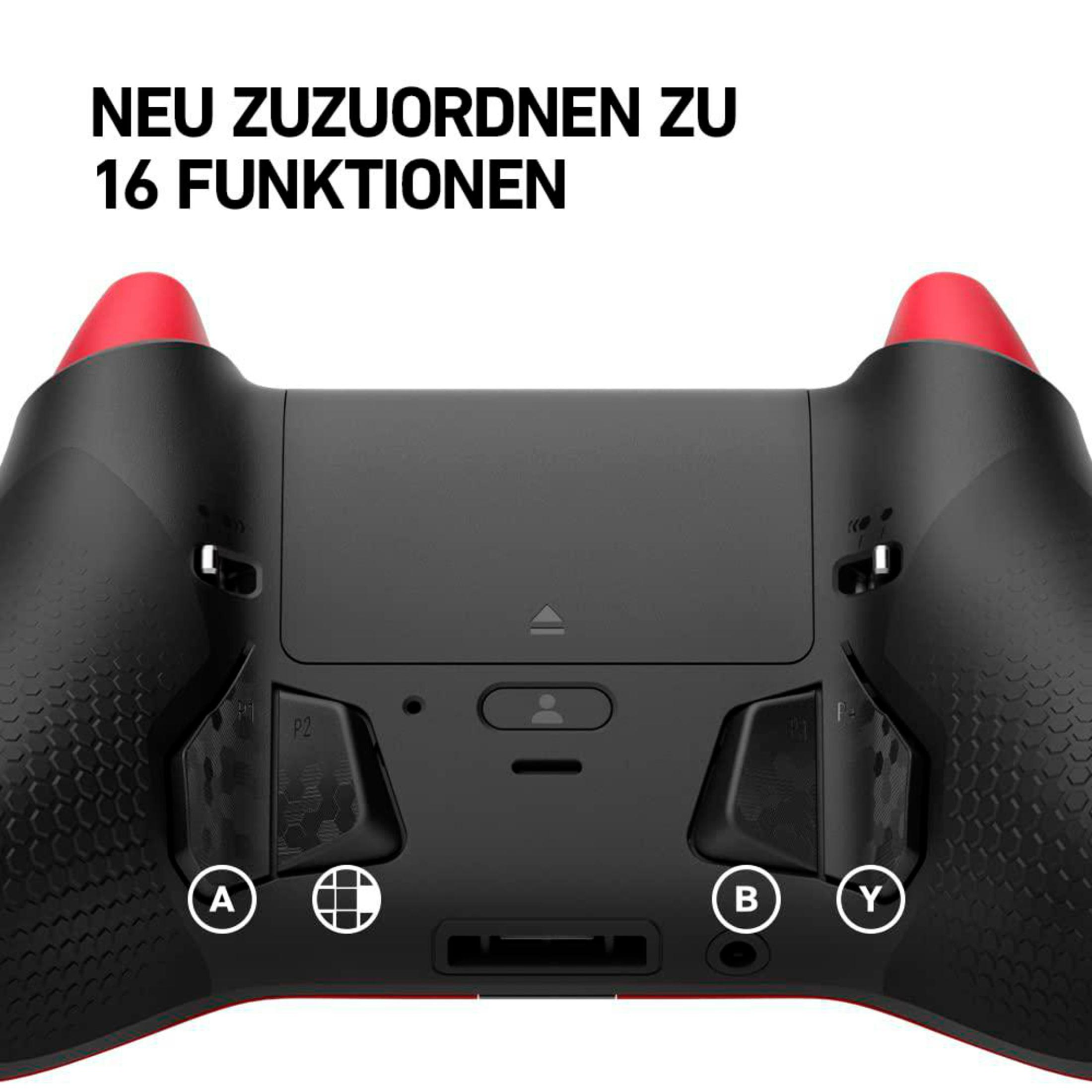 Vista posteriore di un controller nero con accenti rossi e pulsanti.