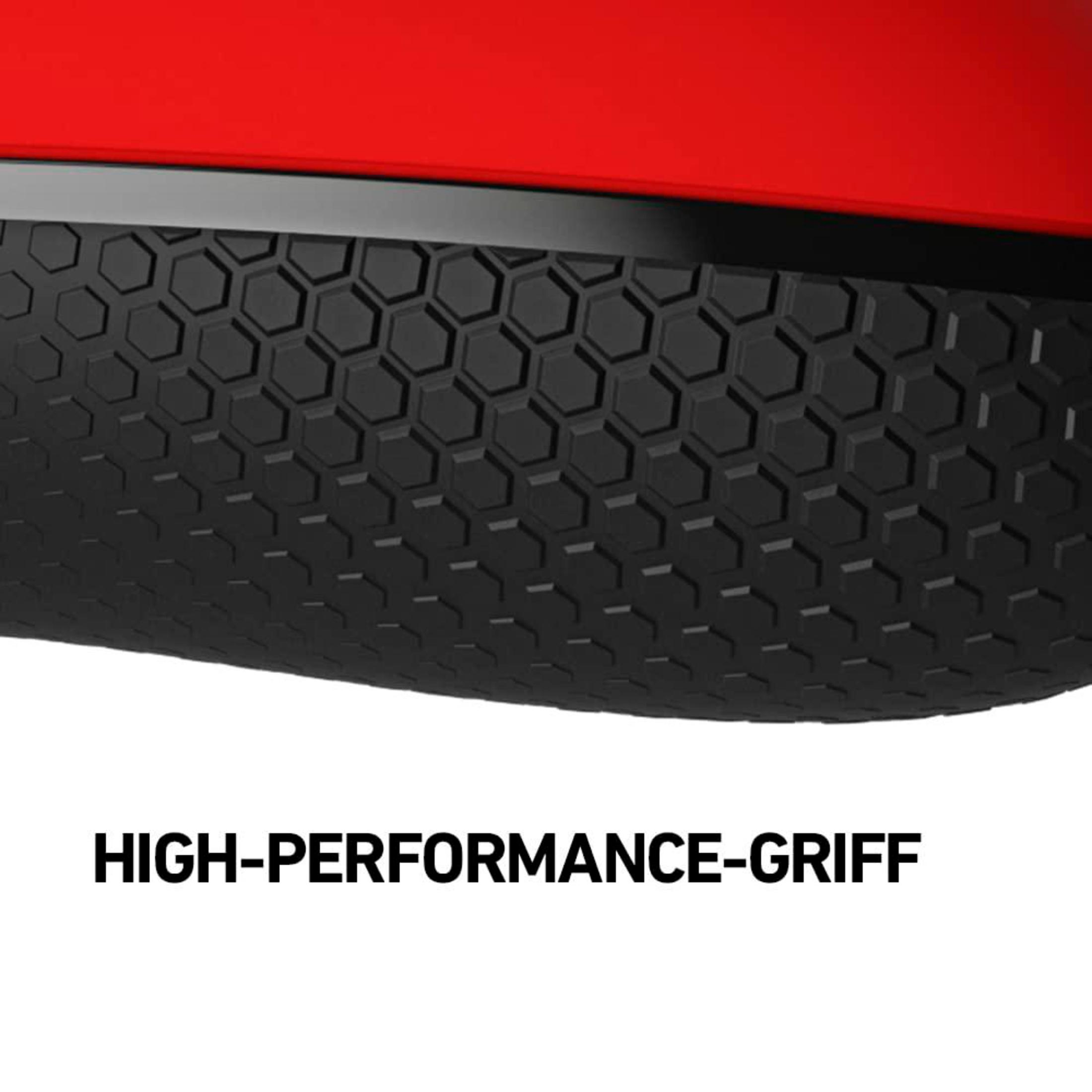 Corpo verniciato rosso su impugnatura nera a nido d'ape. Testo: HIGH-PERFORMANCE-GRIFF