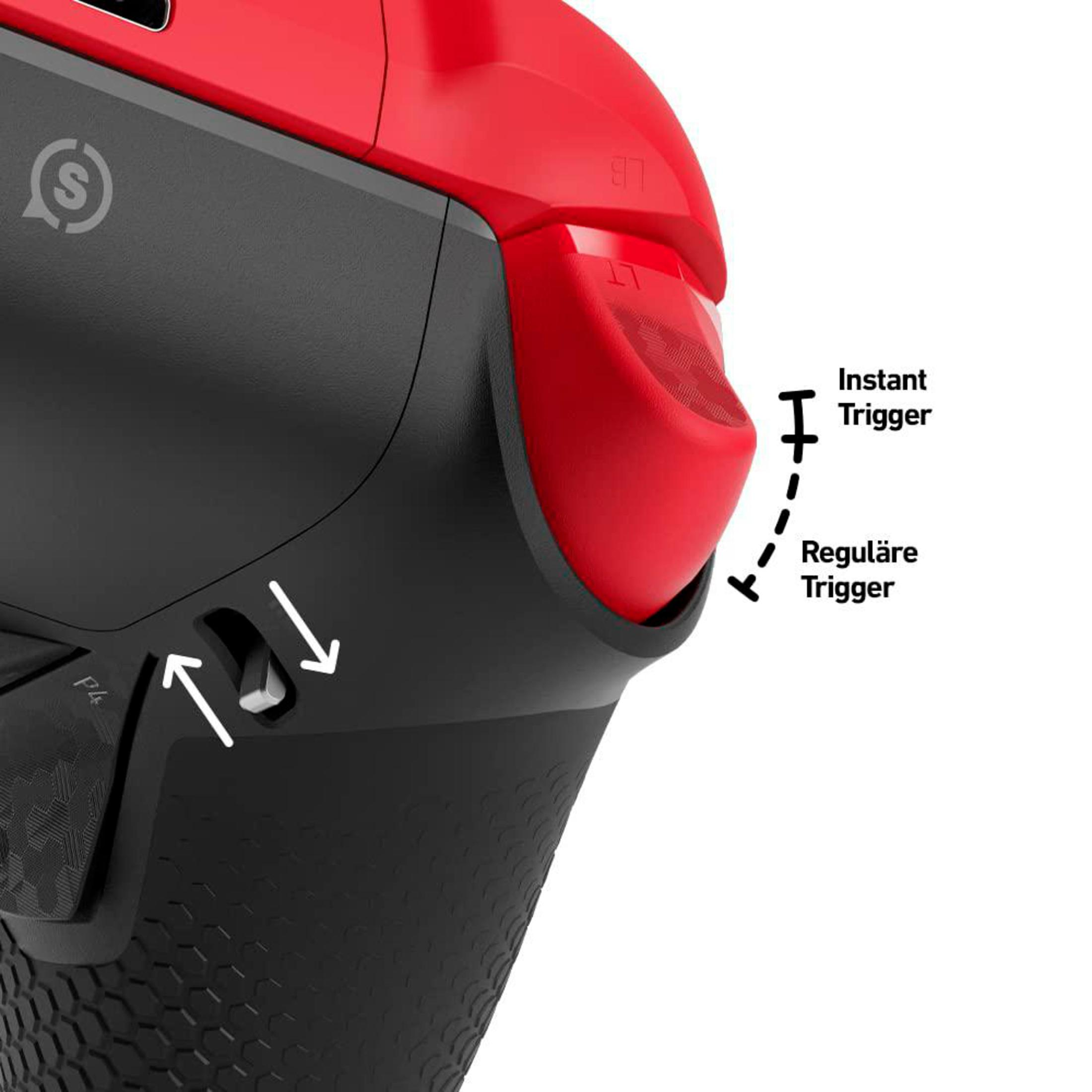 Primo piano di un controller rosso e nero che mostra le etichette dei grilletti.