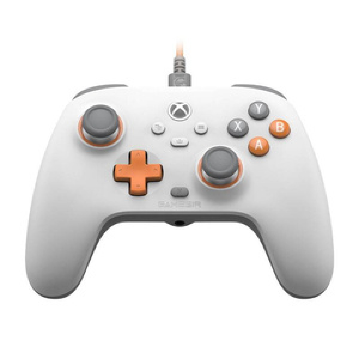 Un controller Xbox bianco con accenti grigi e arancioni. Un cavo sporge dall'alto.