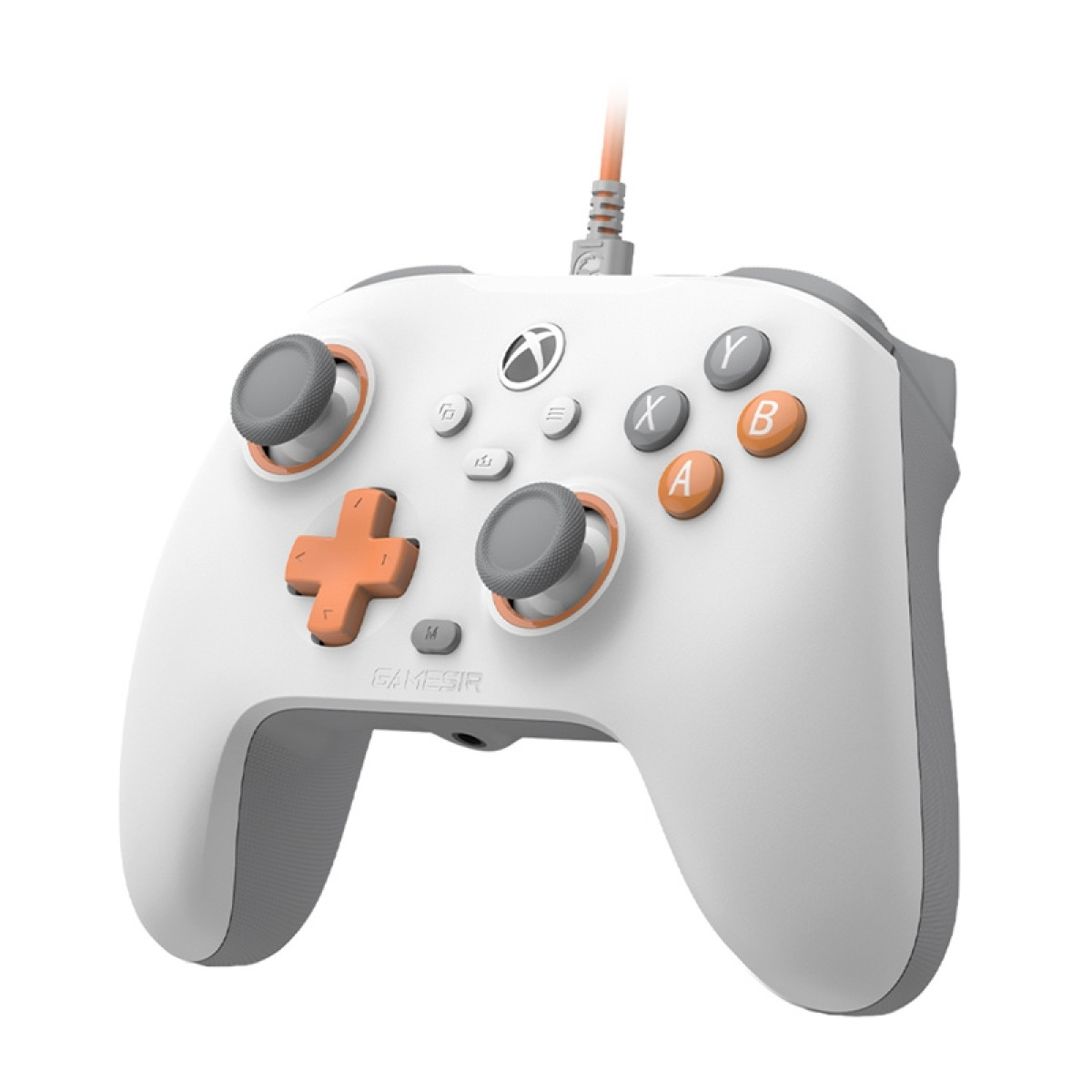 Un controller Xbox bianco con accenti arancioni e una croce direzionale grigia.