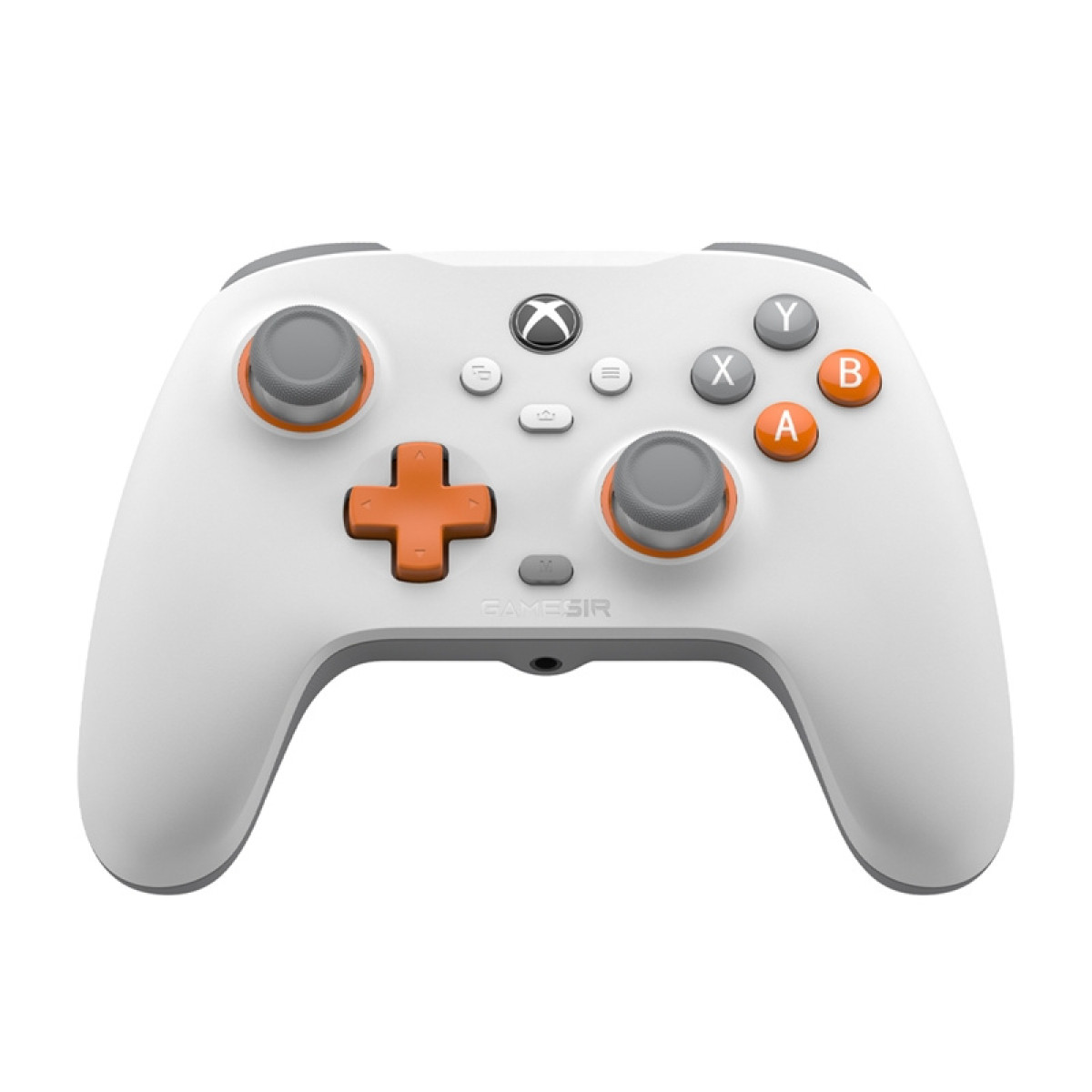 Controller di gioco bianco e grigio con pulsanti e accenti arancioni su sfondo bianco.