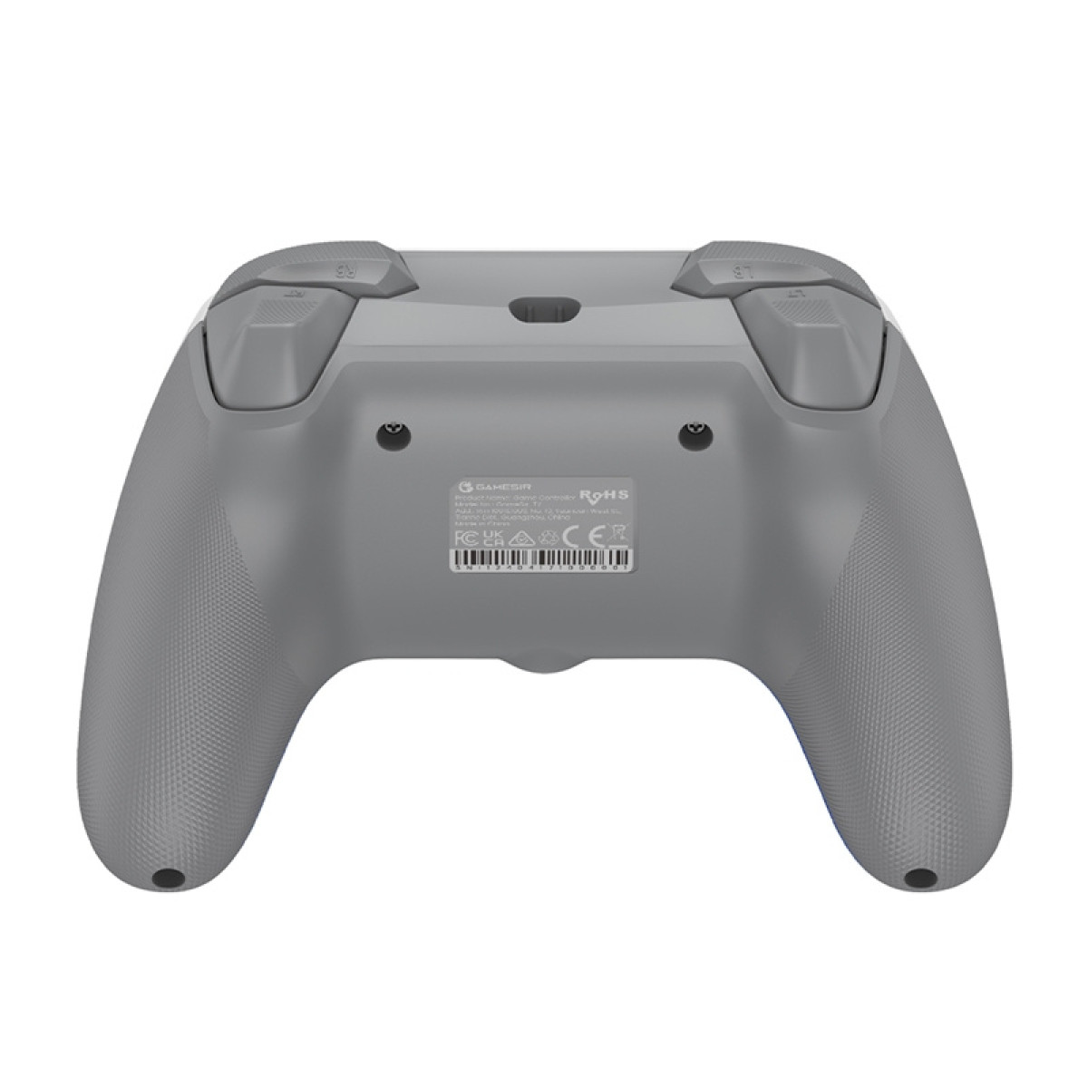 Controller di gioco grigio dal basso con etichette e pulsanti.