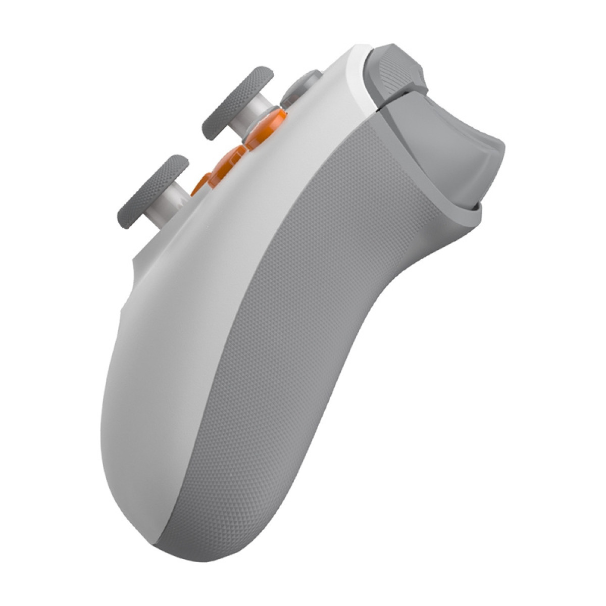 Un controller bianco e grigio con accenti arancioni, primo piano.