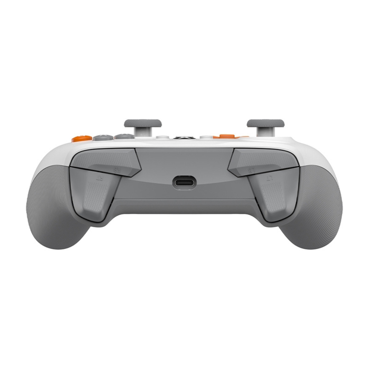 Un controller di gioco bianco e grigio con accenti arancioni e porta USB-C.