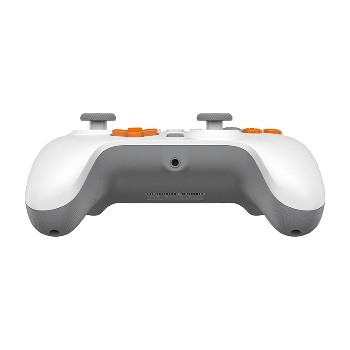 Un controller di gioco bianco e grigio con pulsanti arancioni su sfondo bianco.