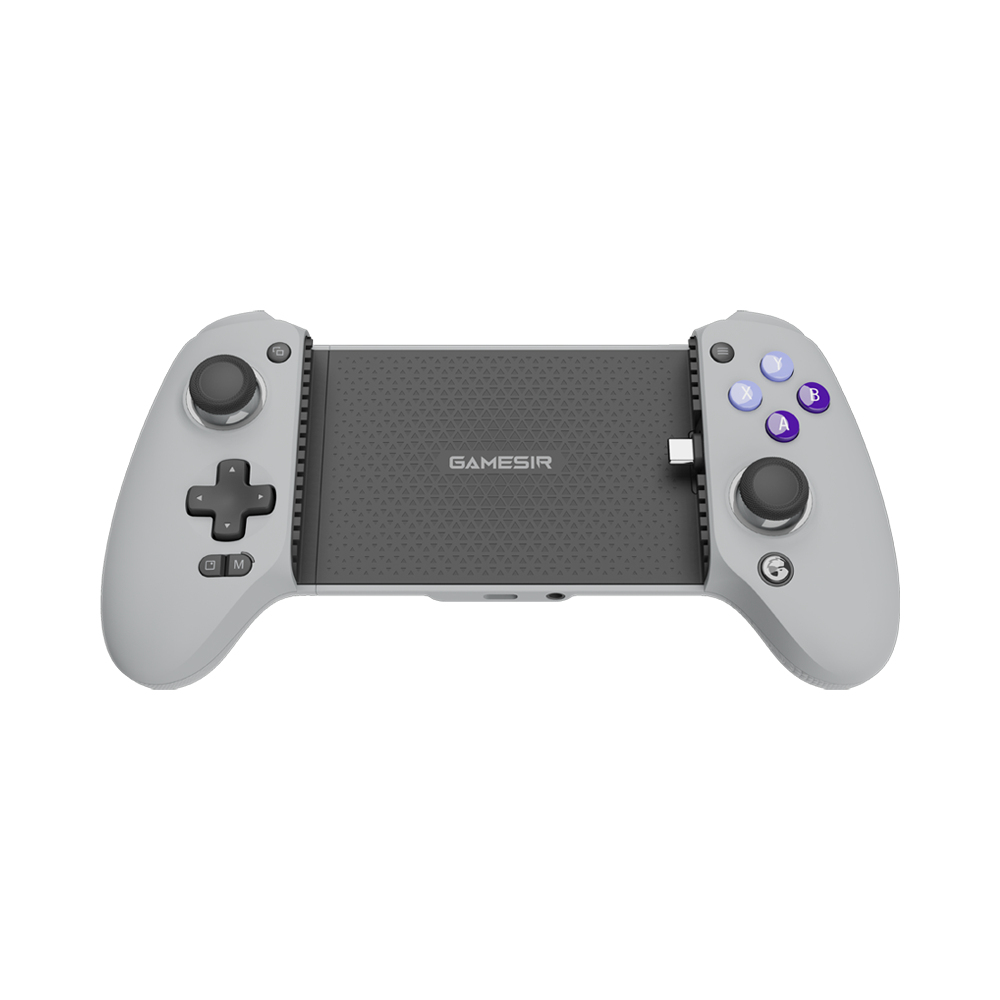 Mando de juegos gris con dos joysticks, D-pad y botones ABXY.