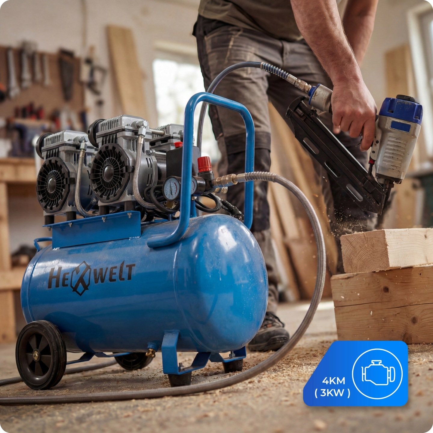 Niebieski kompresor dwucylindrowy, mężczyzna wbija gwoździe w drewno gwoździarką.