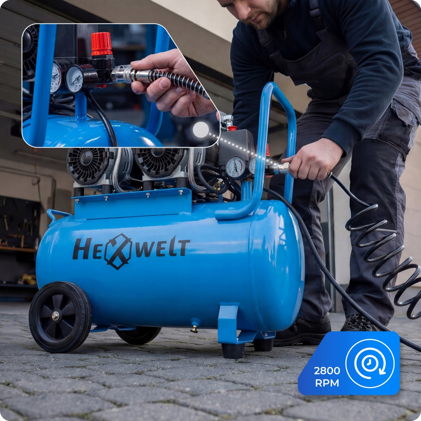 Mężczyzna podłącza wąż do niebieskiej sprężarki powietrza. Zbliżenie pokazuje detale.