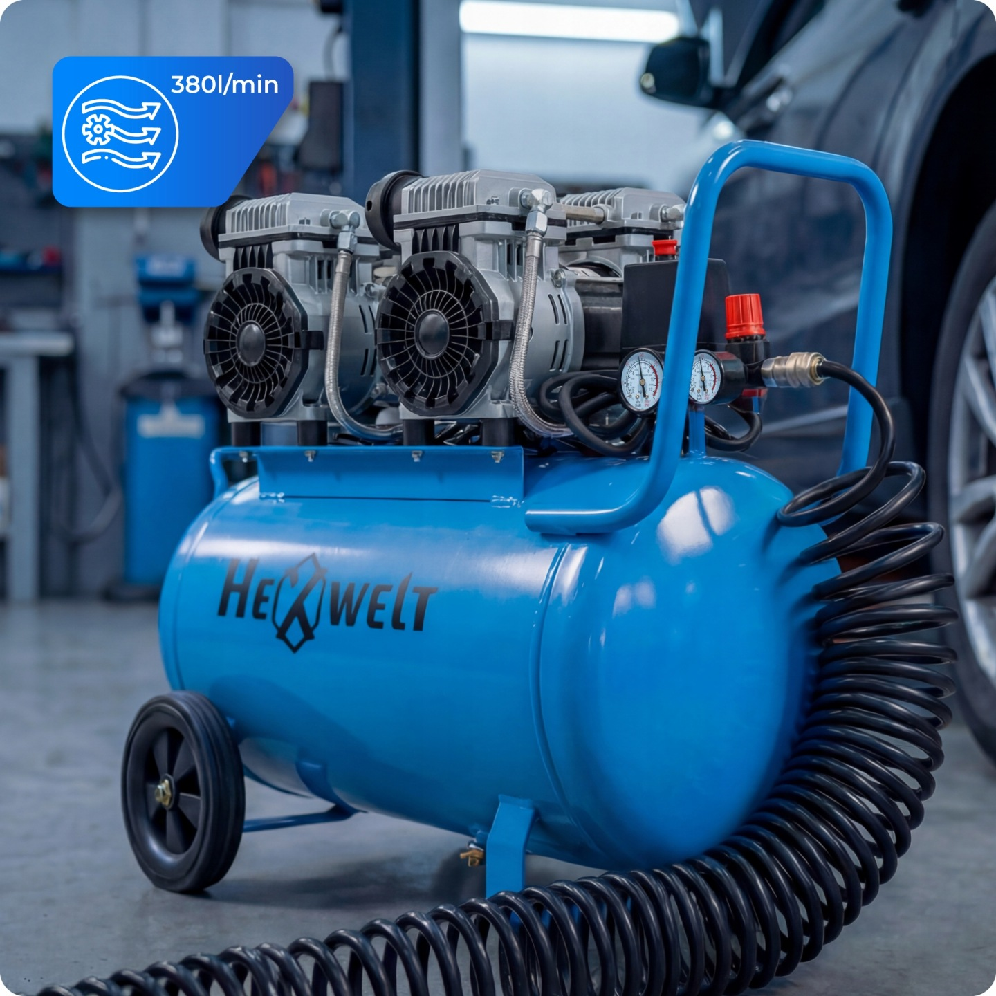 Niebieski kompresor powietrza z dwoma silnikami i kołami stoi przed samochodem.