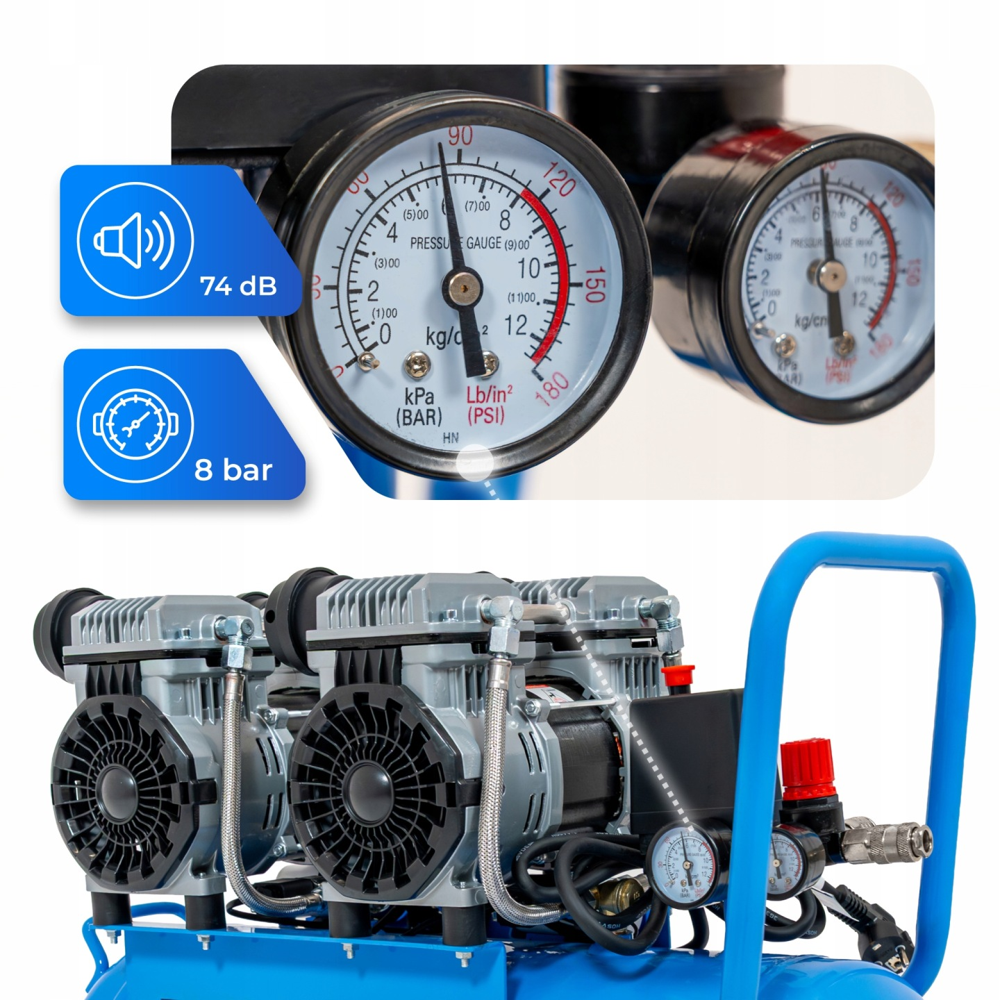Dwa manometry pokazują 74 dB i 8 bar obok niebieskiego kompresora powietrza.
