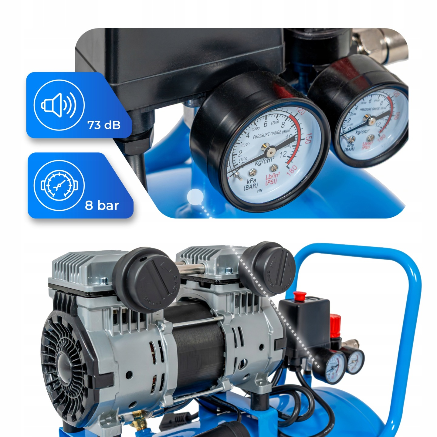 Niebieski kompresor powietrza z manometrami, 73 dB i 8 bar.