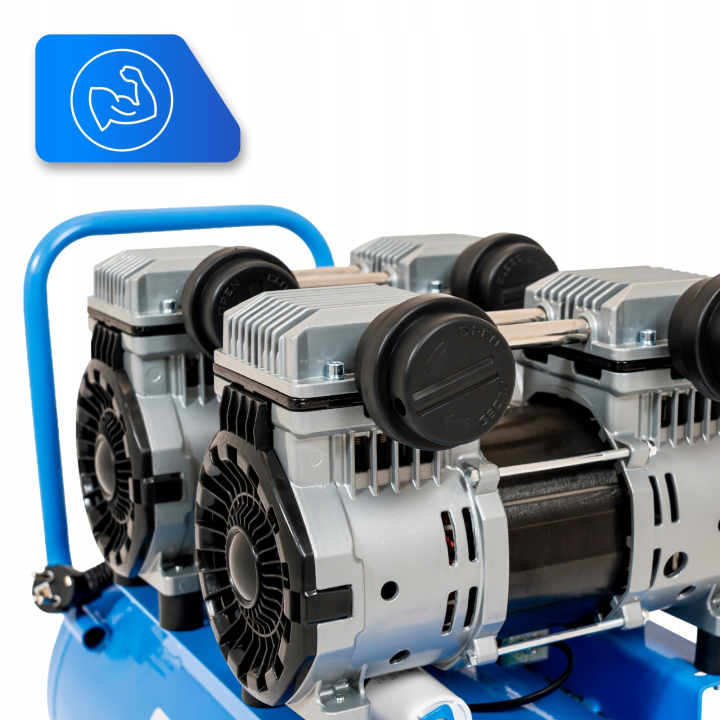 Niebieski kompresor powietrza z dwoma srebrnymi silnikami i wentylatorami.