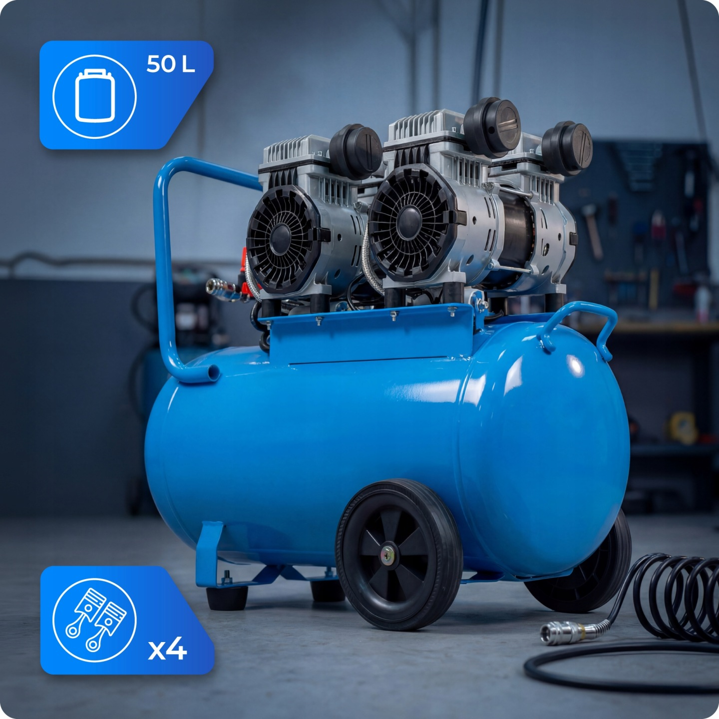 Niebieski kompresor powietrza 50L z podwójnymi pompami i kołami, narzędzia w tle.