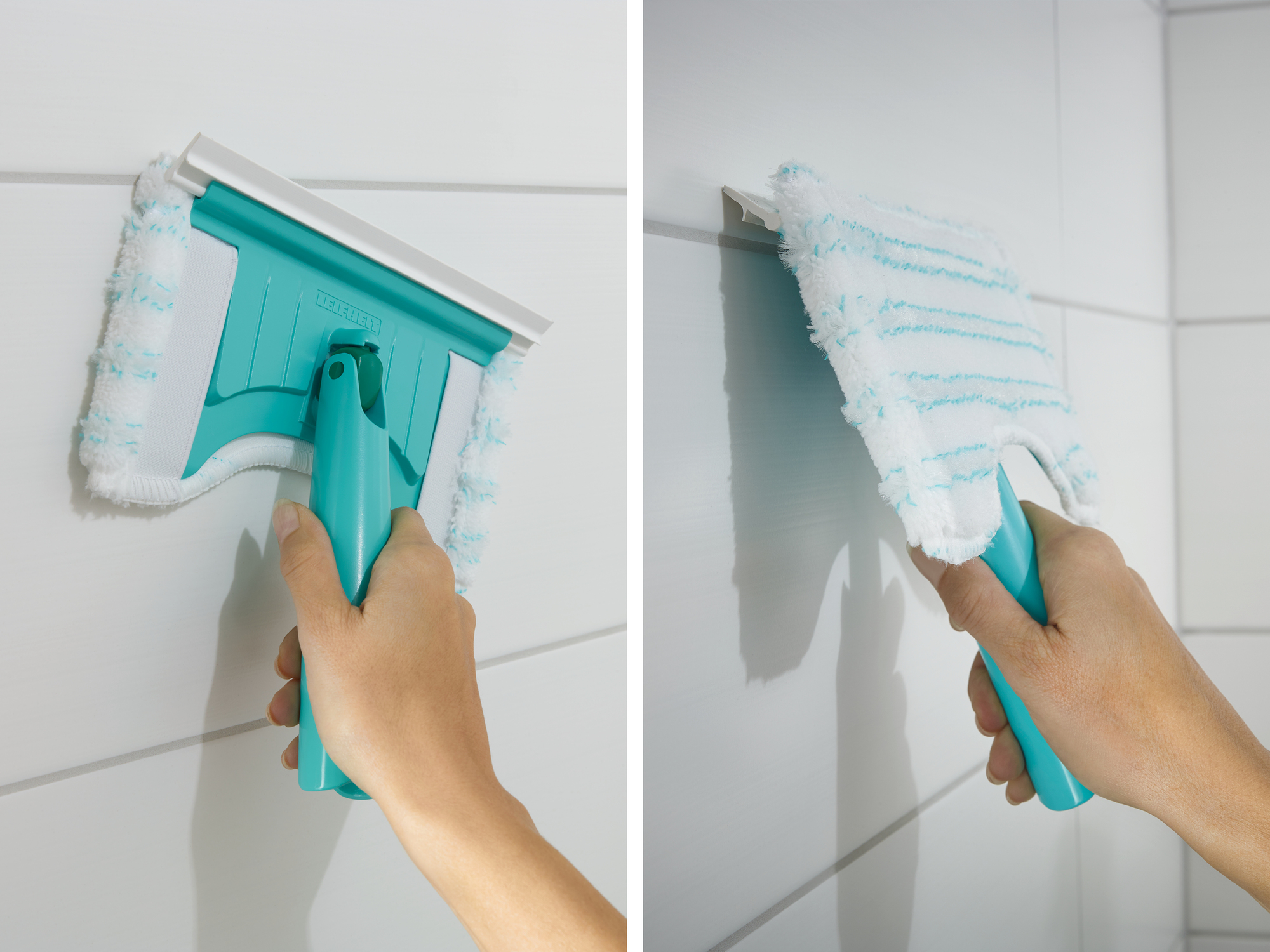 Hand reinigt weiße Wand mit türkisfarbenem Wischer und blau gestreiftem Tuch.