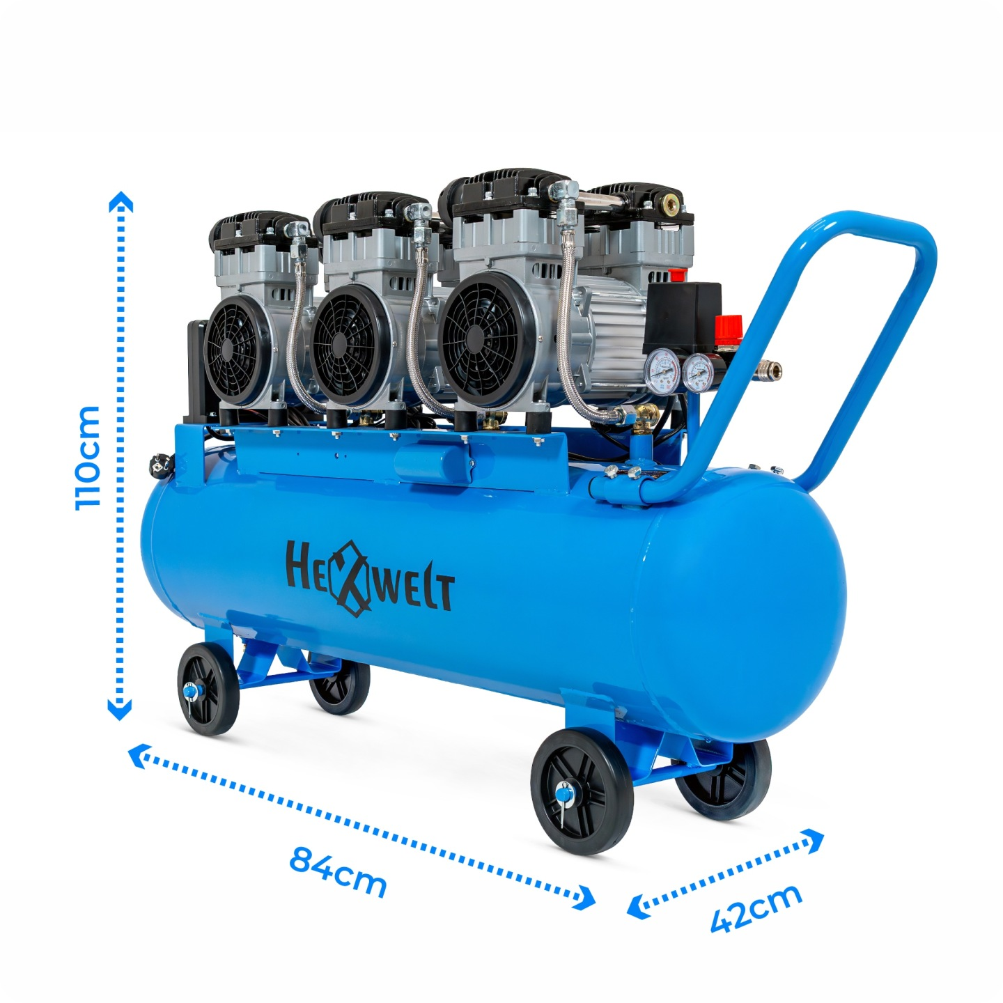 Niebieski kompresor powietrza z trzema silnikami, kołami i uchwytem. Wymiary: 110x84x42cm.