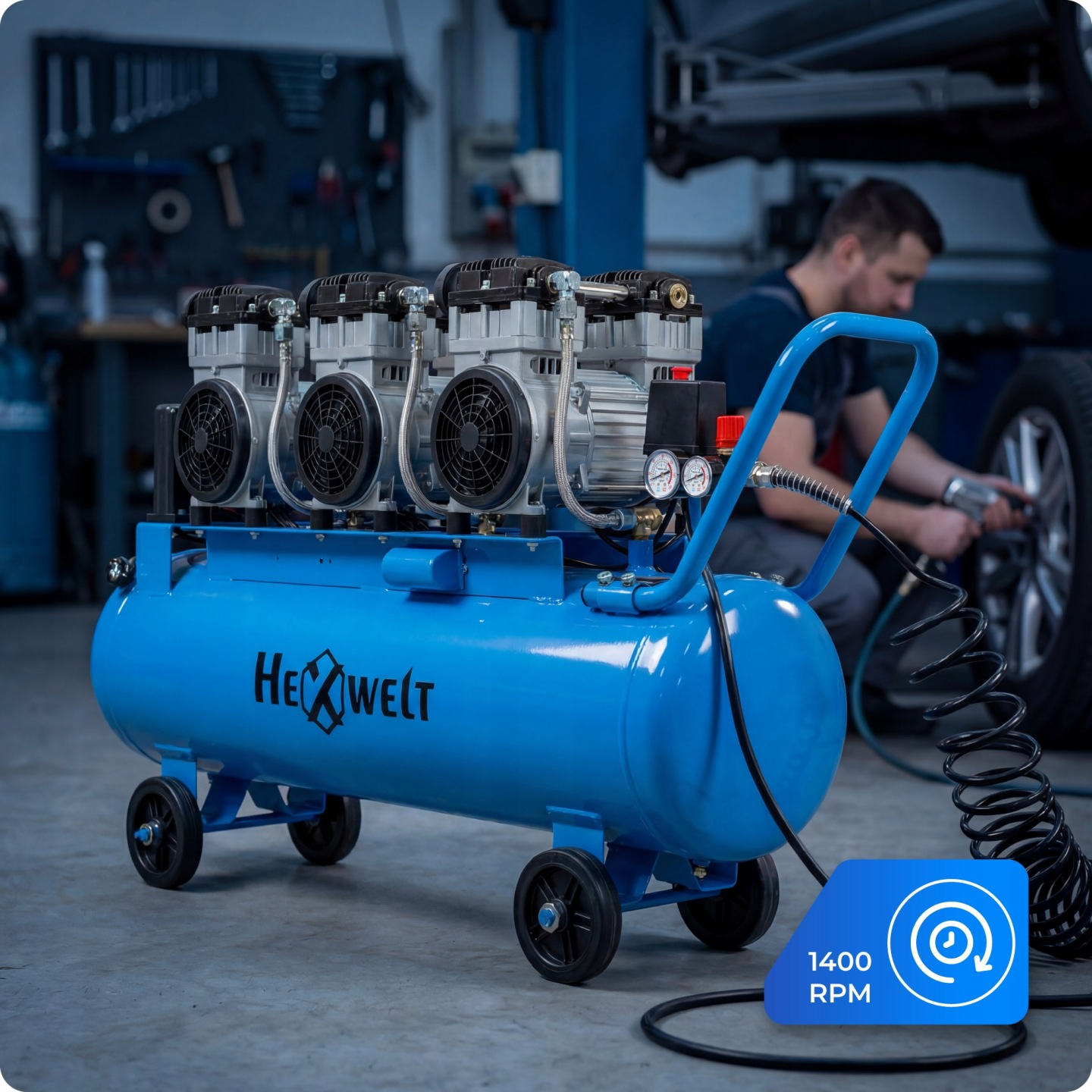 Niebieski kompresor powietrza z trzema głowicami w warsztacie. Mechanik pracuje przy samochodzie.