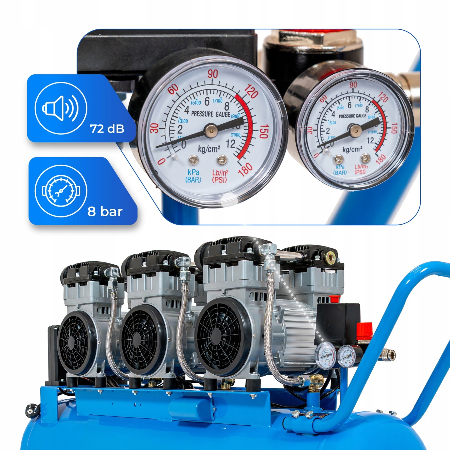 Niebieski kompresor powietrza z trzema silnikami i dwoma manometrami. Wskaźniki 72 dB i 8 bar.