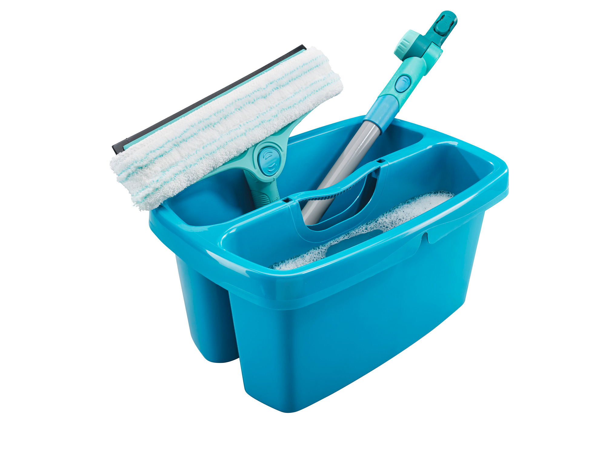 Ein blauer Eimer mit einem Fensterwischer und einem Wischmopp-Griff darin.