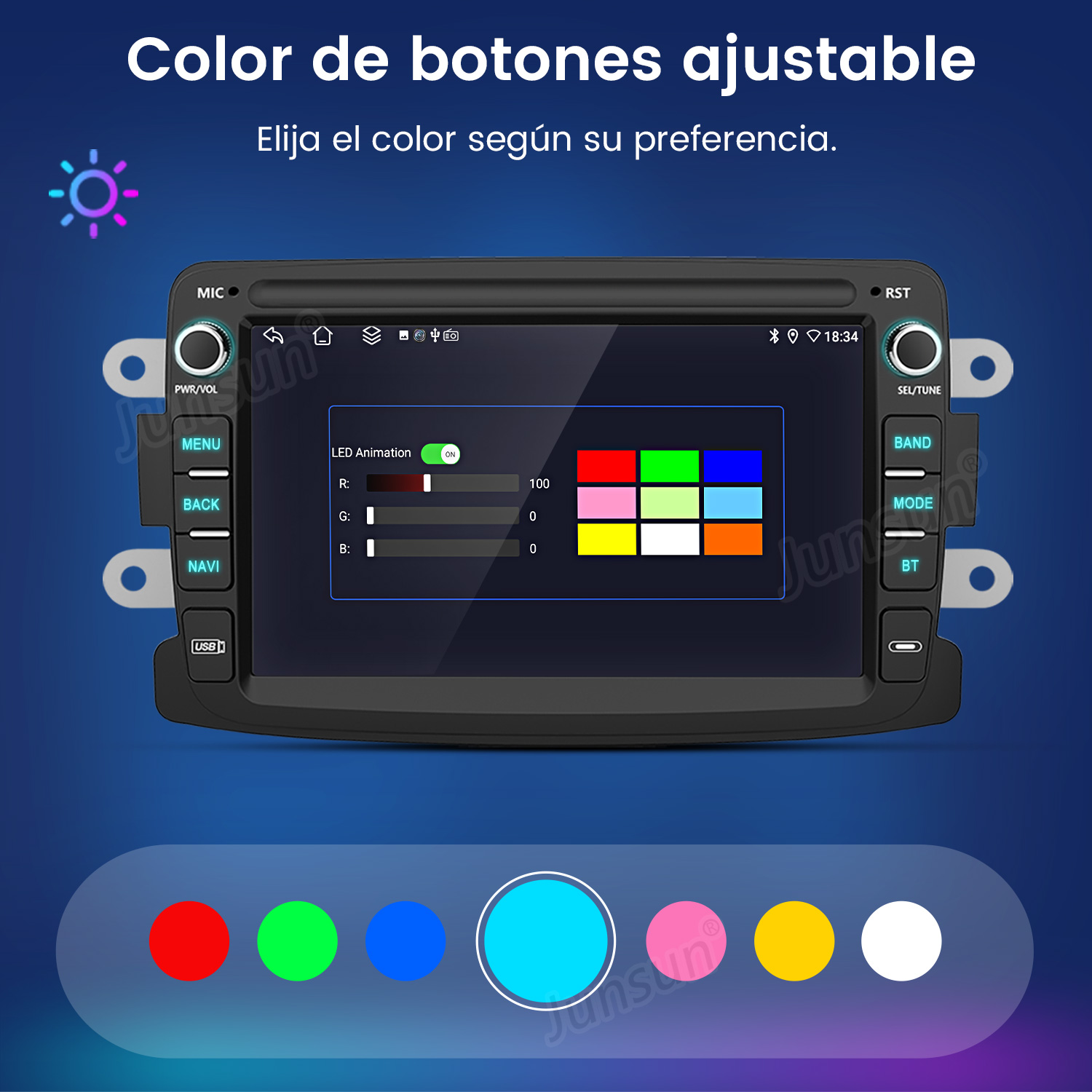 Una pantalla de autorradio muestra un menú de selección de color para la iluminación de botones.