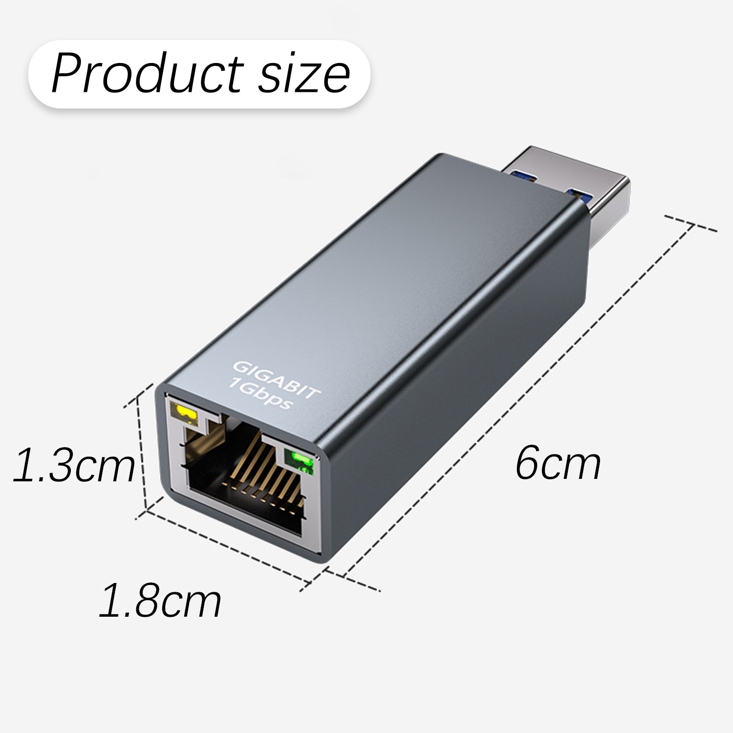 Grauer USB-Adapter mit Ethernet-Anschluss, Maße 6x1.8x1.3cm.