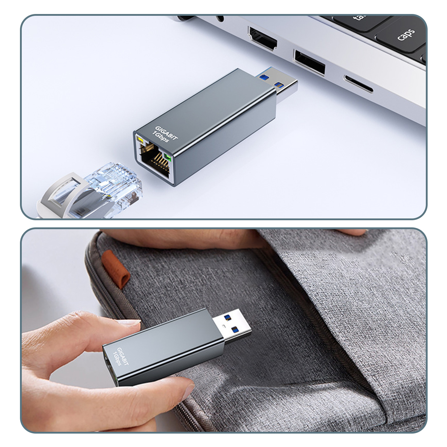 Ein grauer USB-Adapter wird in einen Laptop gesteckt, ein Ethernet-Kabel daneben.