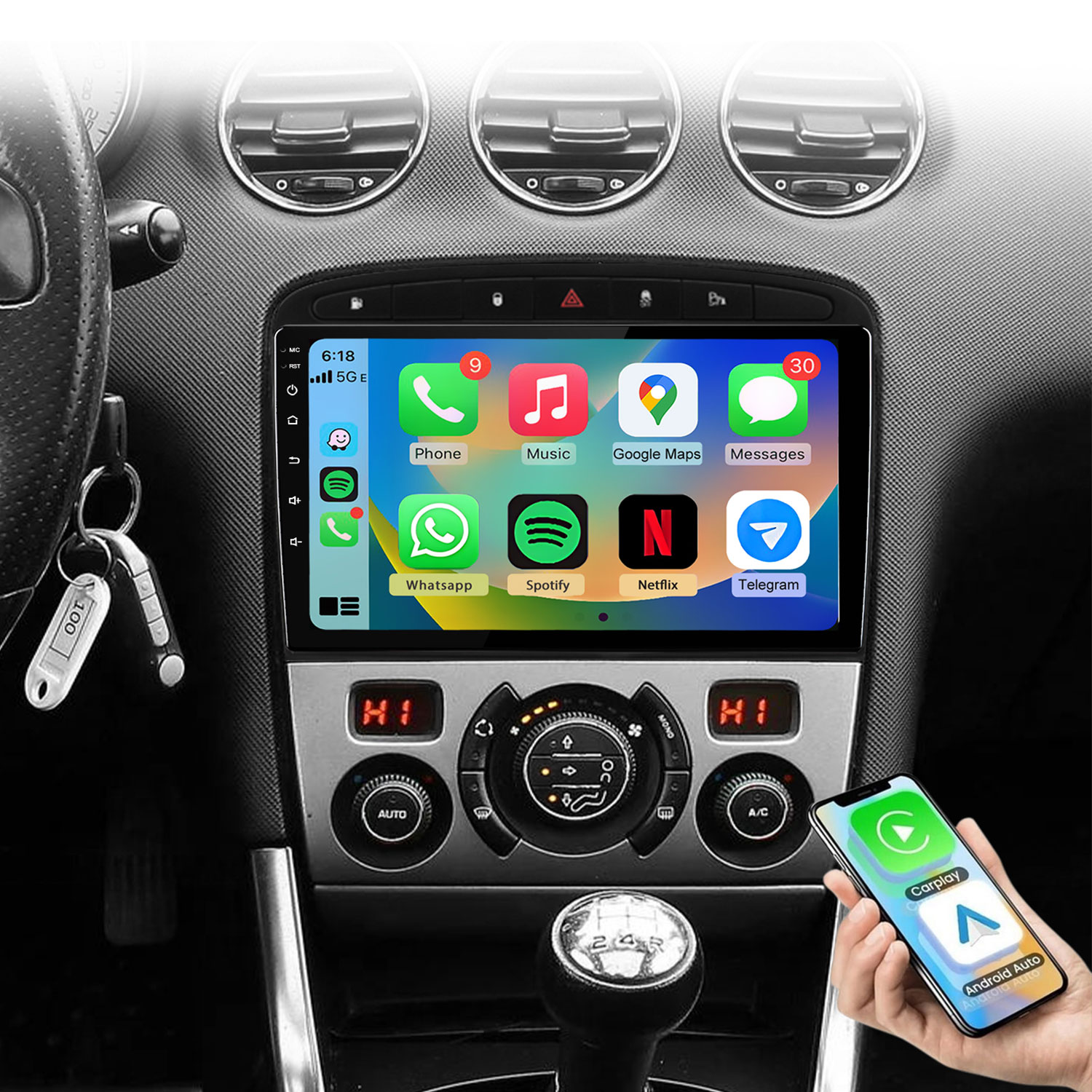 Autodach mit Touchscreen, der Apps anzeigt, Schlüssel links, verbundenes Telefon.