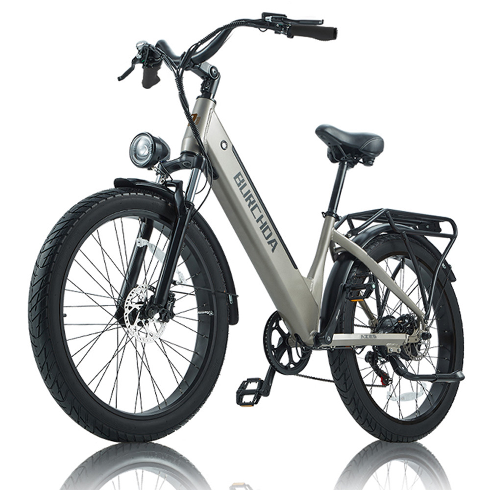 Una bicicleta eléctrica gris con sillín negro, portaequipajes y neumáticos anchos.