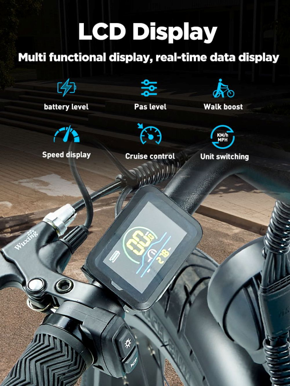 Primer plano de una pantalla LCD de bicicleta que muestra velocidad, batería y más.
