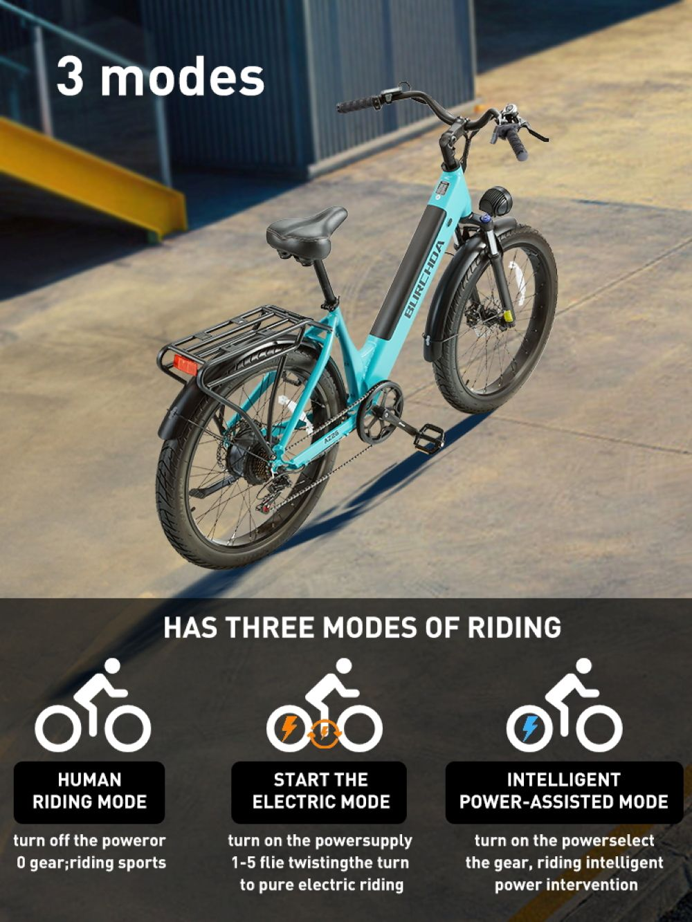 Una bicicleta eléctrica turquesa con portaequipajes trasero sobre asfalto. Se muestran tres modos.