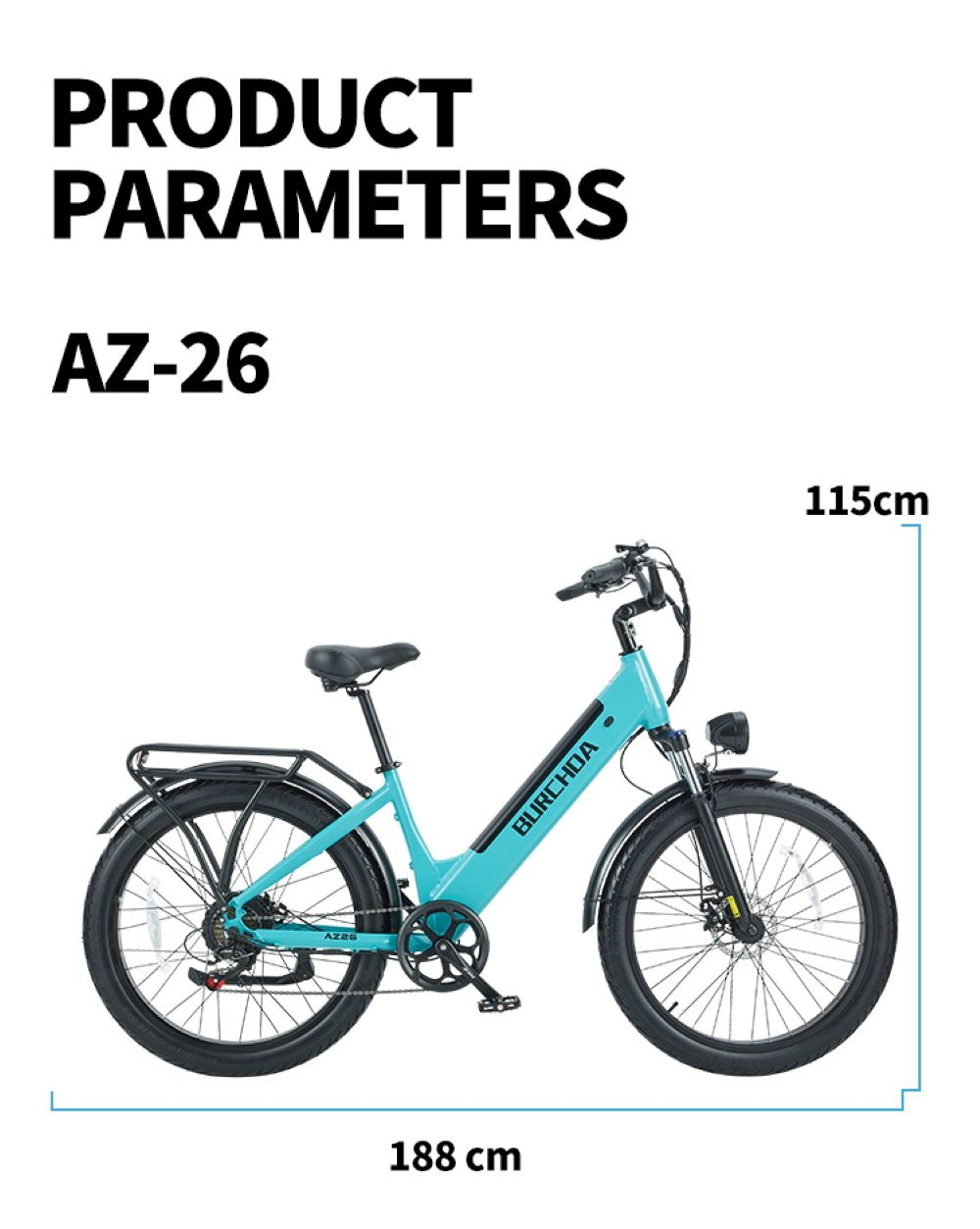 Una bicicleta eléctrica turquesa con portaequipajes, 188 cm de largo y 115 cm de alto.