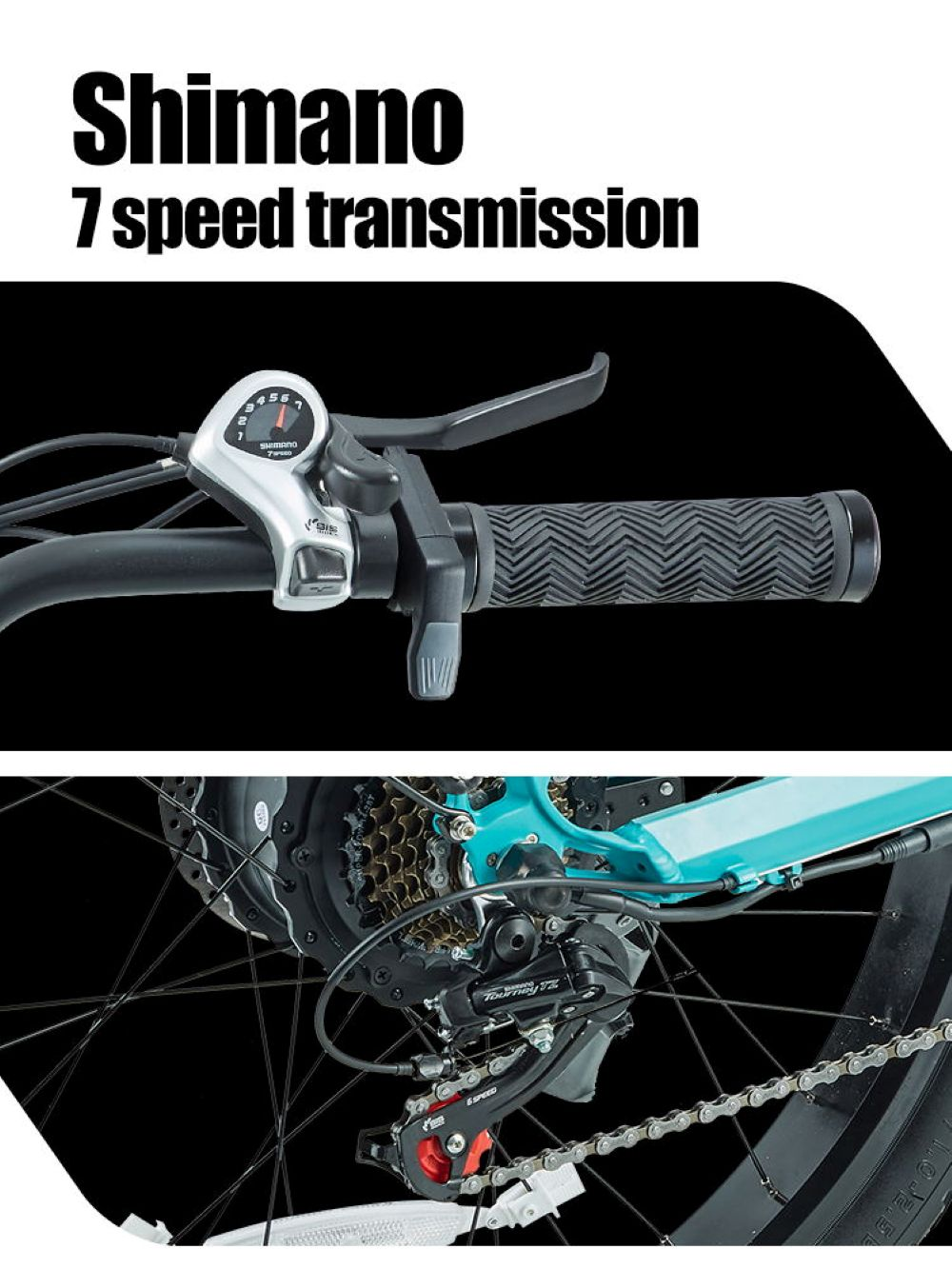 Transmisión Shimano de 7 velocidades: Manillar con palanca y puño; piñón y cadena de bicicleta.