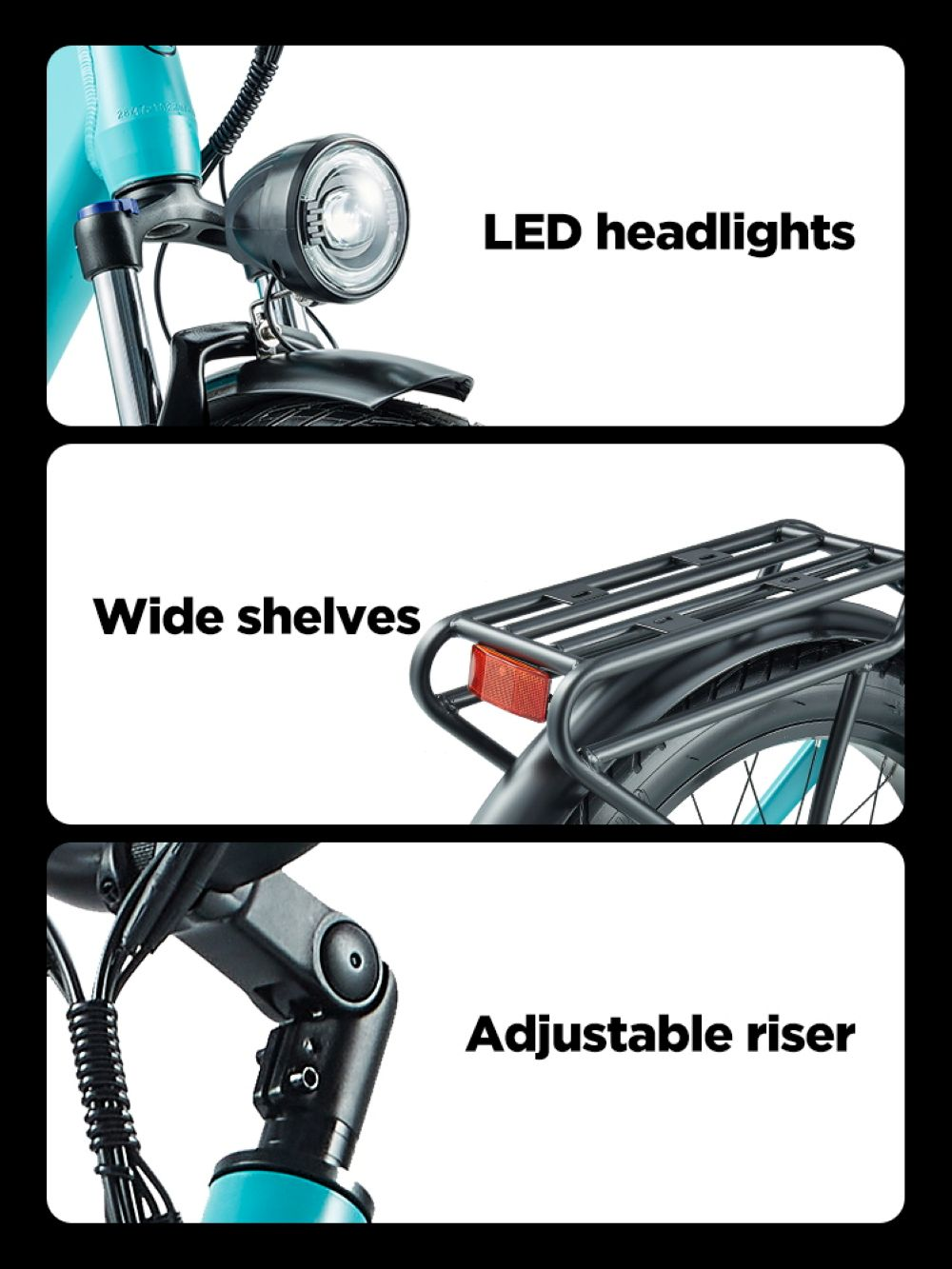 Primeros planos de una bicicleta: faro LED, portaequipajes trasero ancho, manillar ajustable.