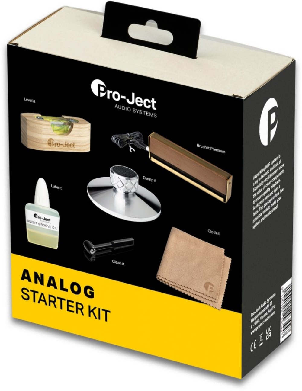 Pudełko Pro-Ject Analog Starter Kit pokazujące poziomicę, olej, szczotkę, zacisk i ściereczkę.