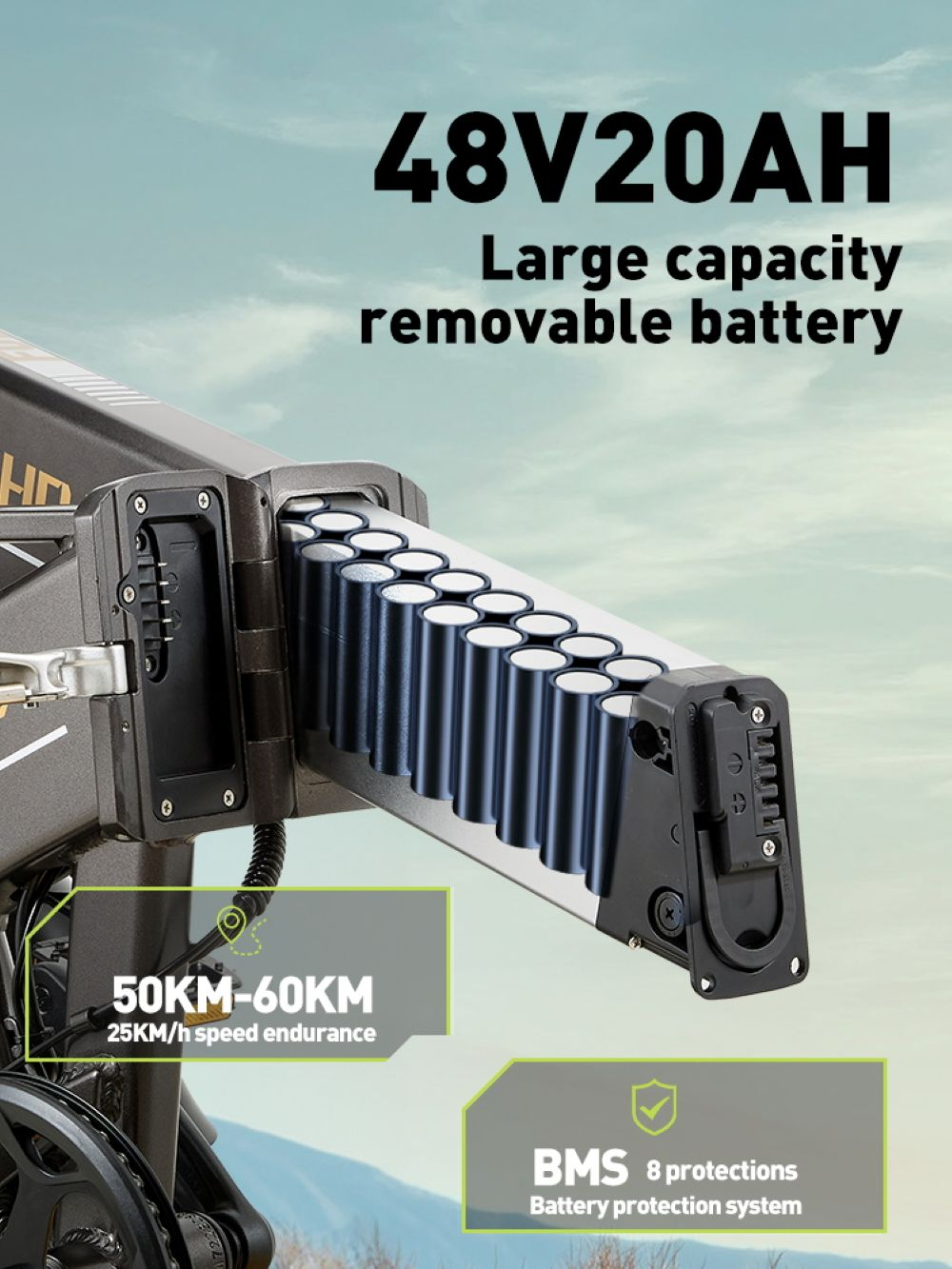 Batteria rimovibile grande capacità 48V20AH, autonomia 50-60km, BMS 8 protezioni.
