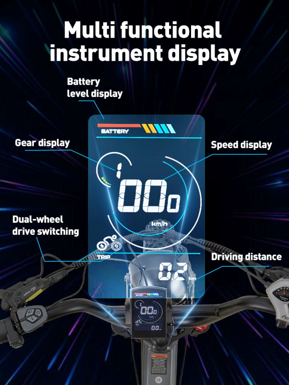 Display monopattino elettrico con velocità, batteria e distanza.