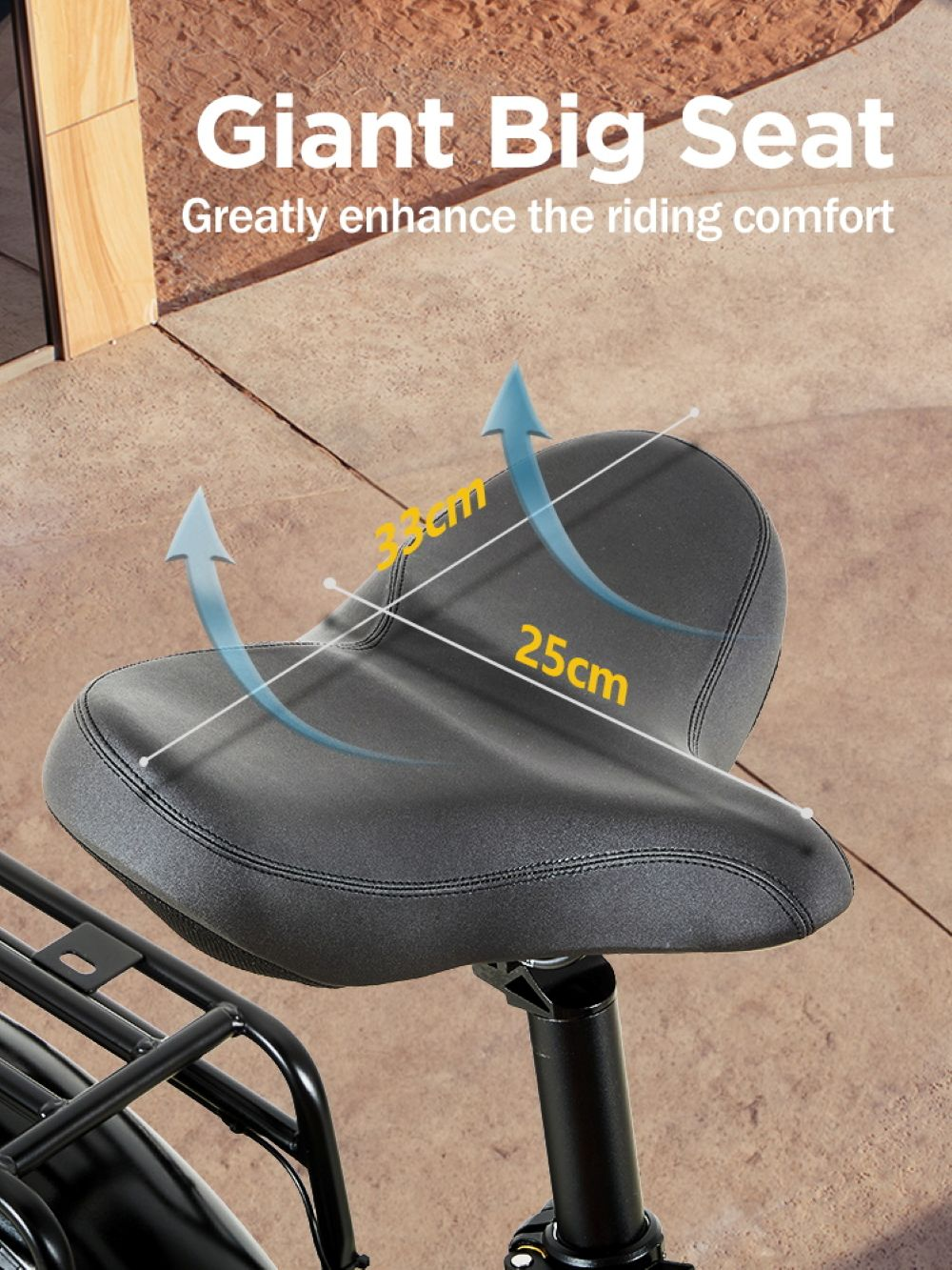 Un'ampia sella da bicicletta nera con misure, che indica maggiore comfort.