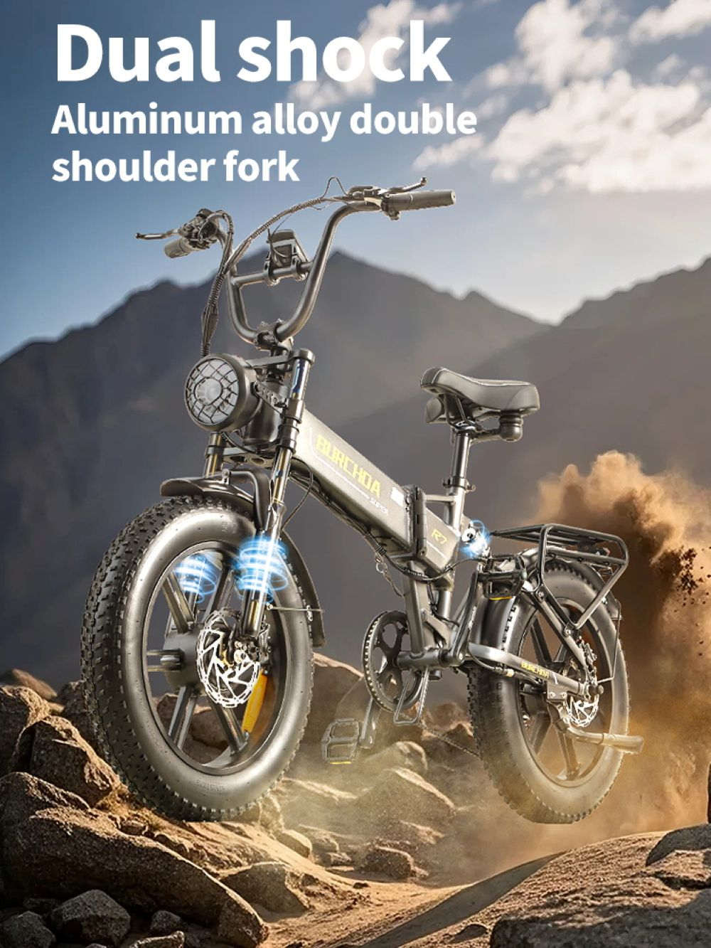 Una e-bike con pneumatici grassi su terreno roccioso. Luci blu indicano la sospensione.