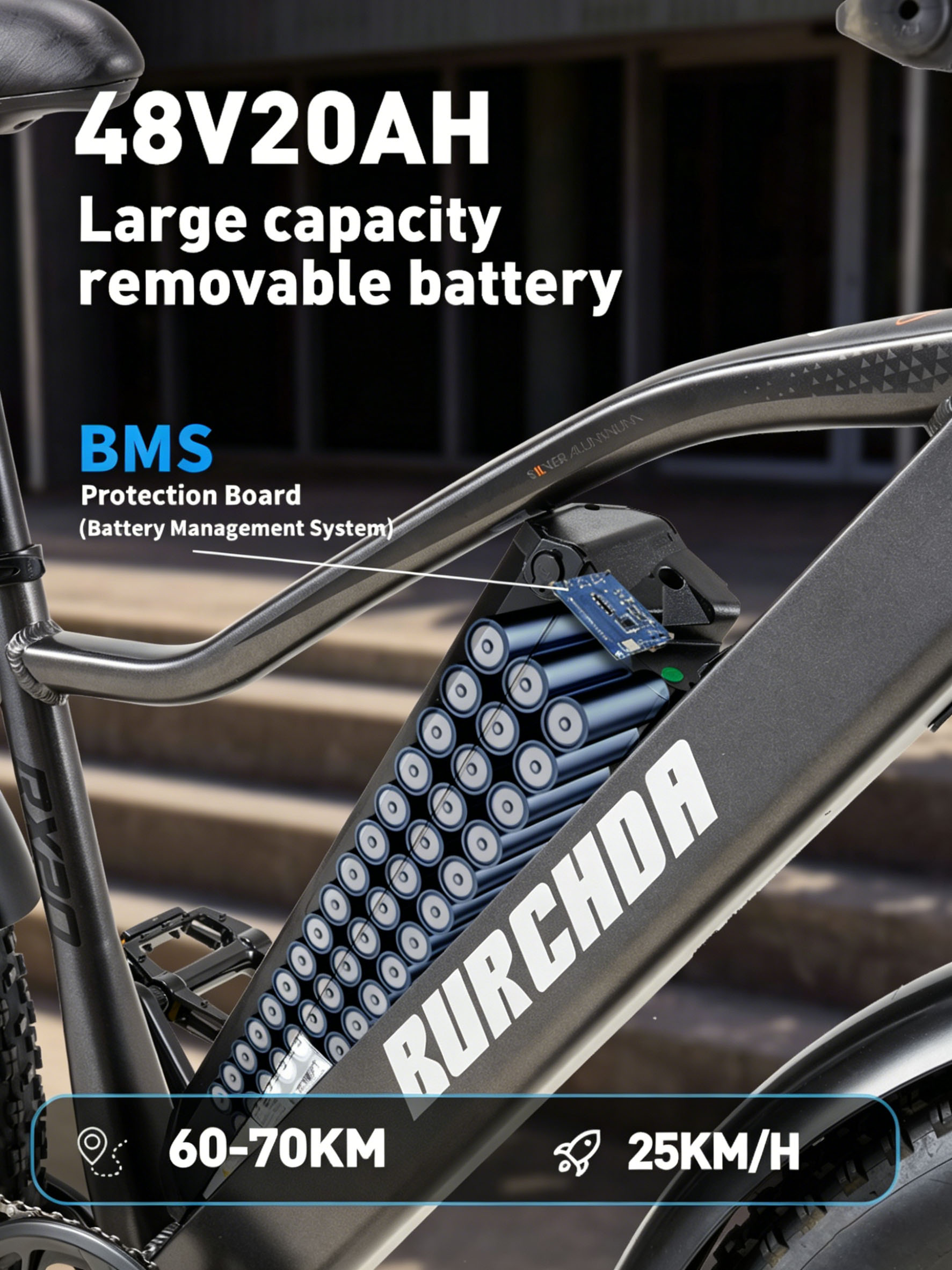 Batteria e-bike: 48V20AH, grande capacità, rimovibile, BMS. Autonomia 60-70KM, 25KM/H.