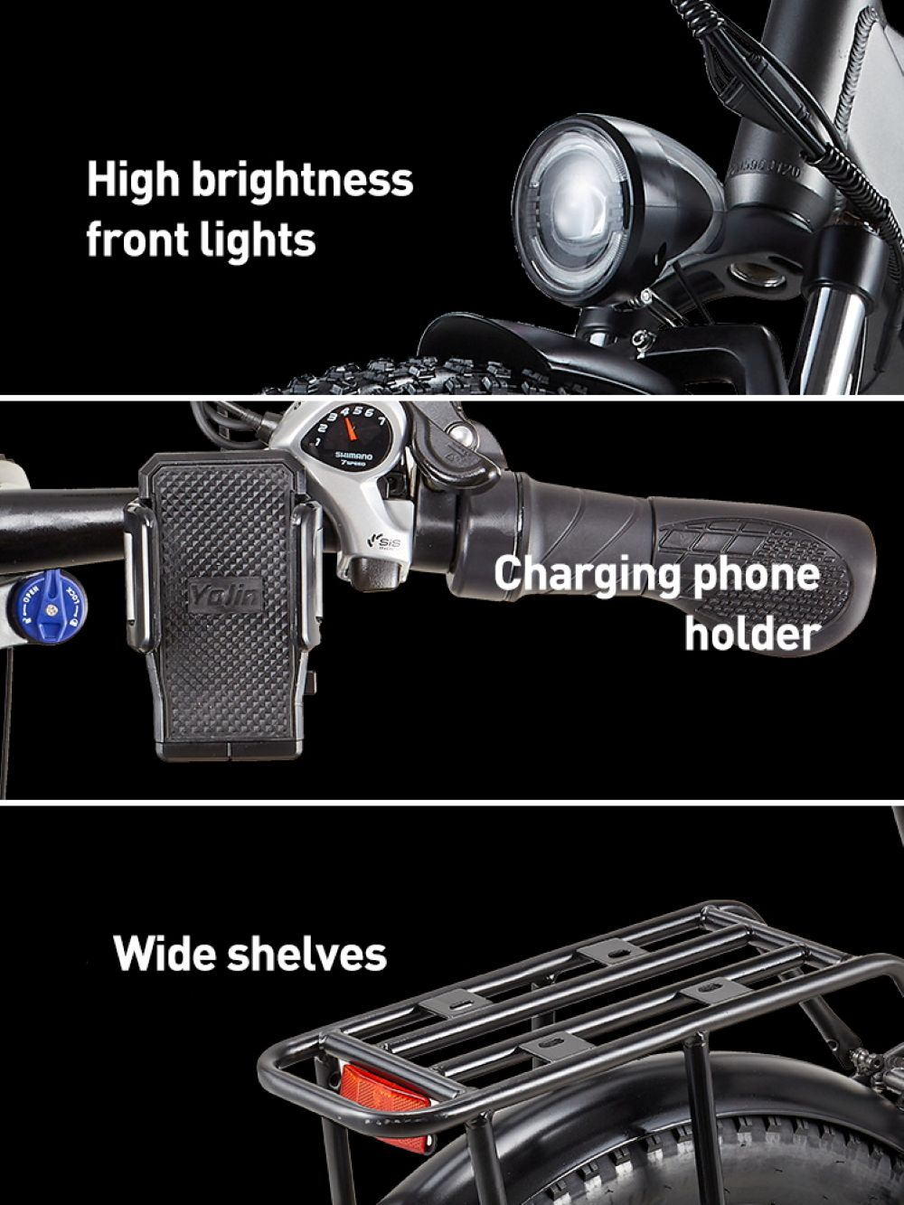 Bicicletta con luce anteriore luminosa, porta telefono e ampi portapacchi.