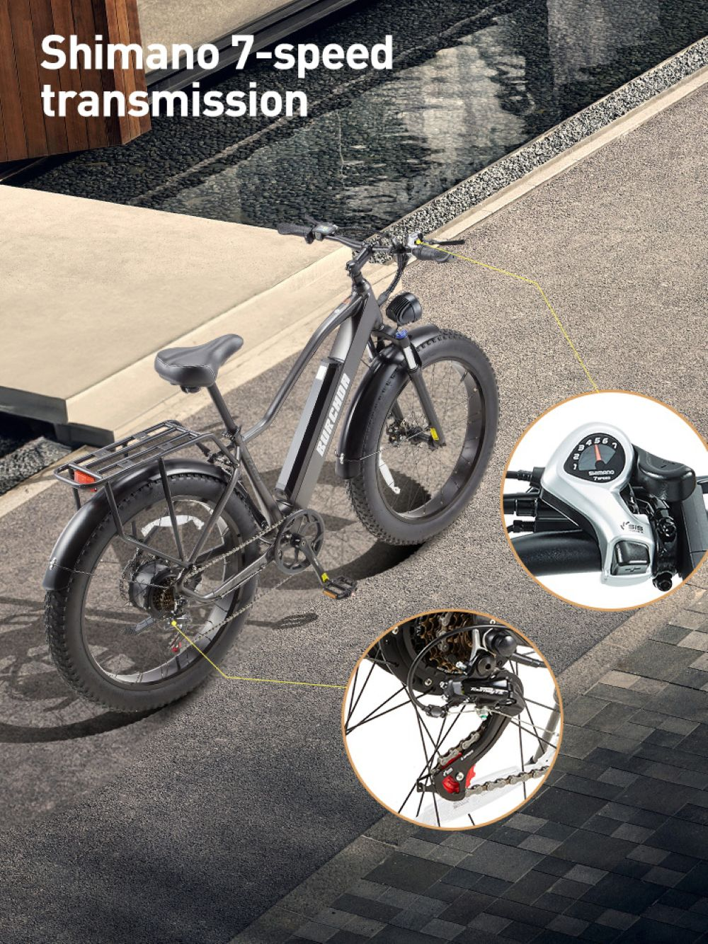Bici elettrica nera con cambio Shimano a 7 velocità, primi piani del cambio e degli ingranaggi.