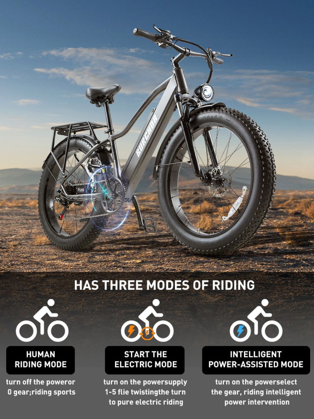 Fat bike elettrica grigia con tre modalità di guida: Umana, Elettrica e Assistita.