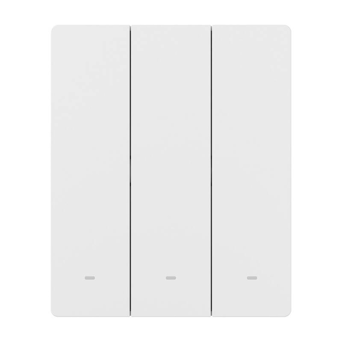 Trzy białe włączniki światła obok siebie z małymi szarymi liniami.