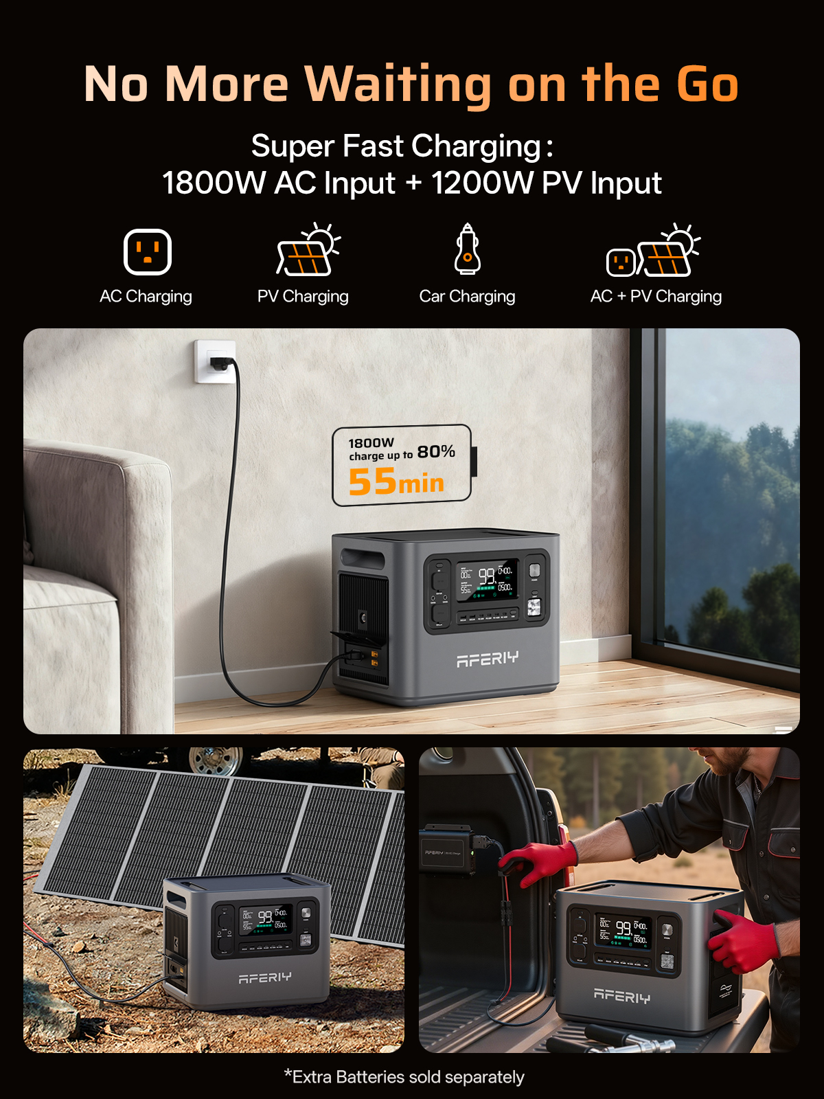 Estación de energía portátil cargando por AC, PV o coche. 1800W AC, 1200W PV.