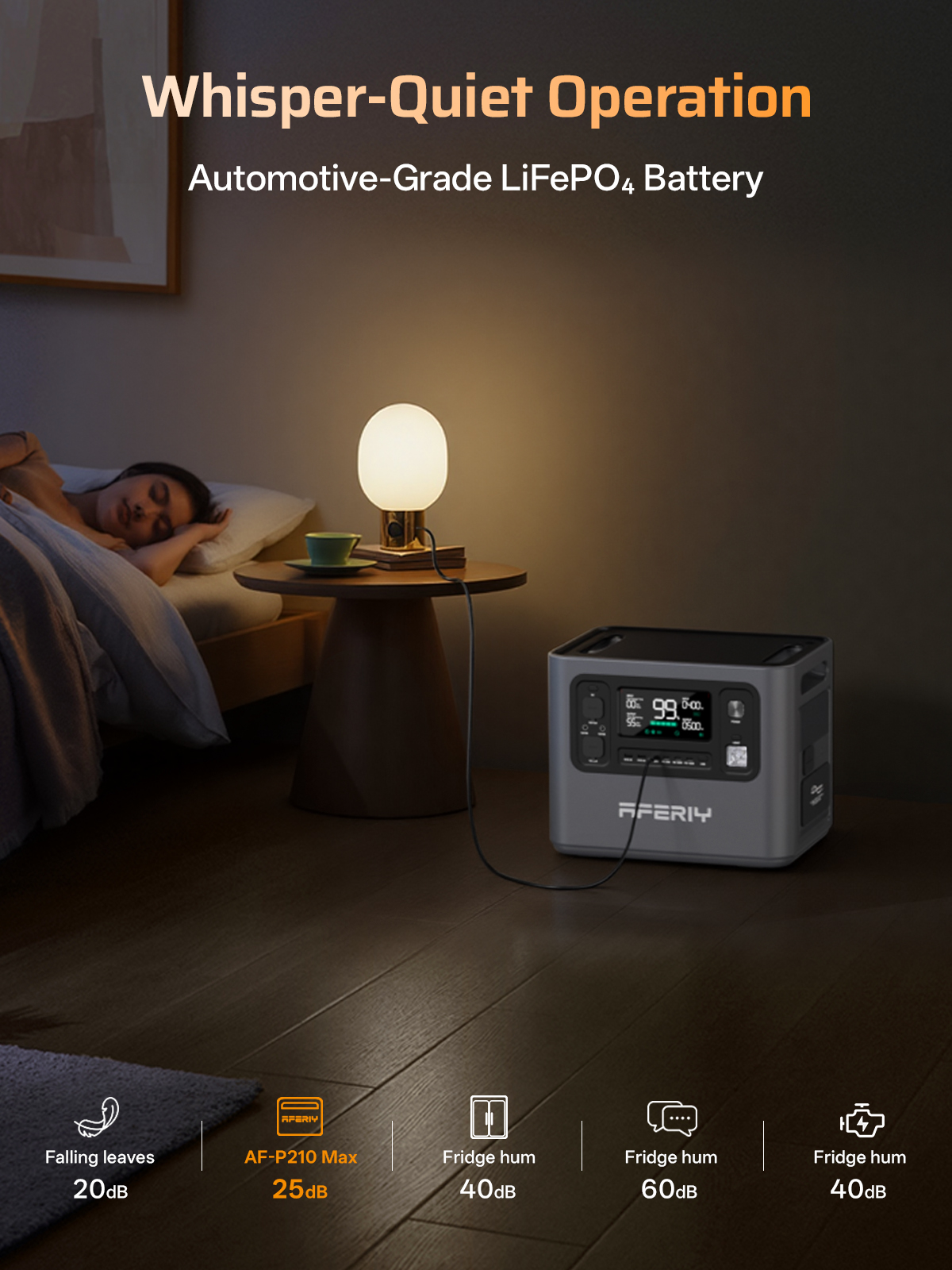 Una persona duerme en la cama junto a una mesita de noche con lámpara y una central eléctrica.