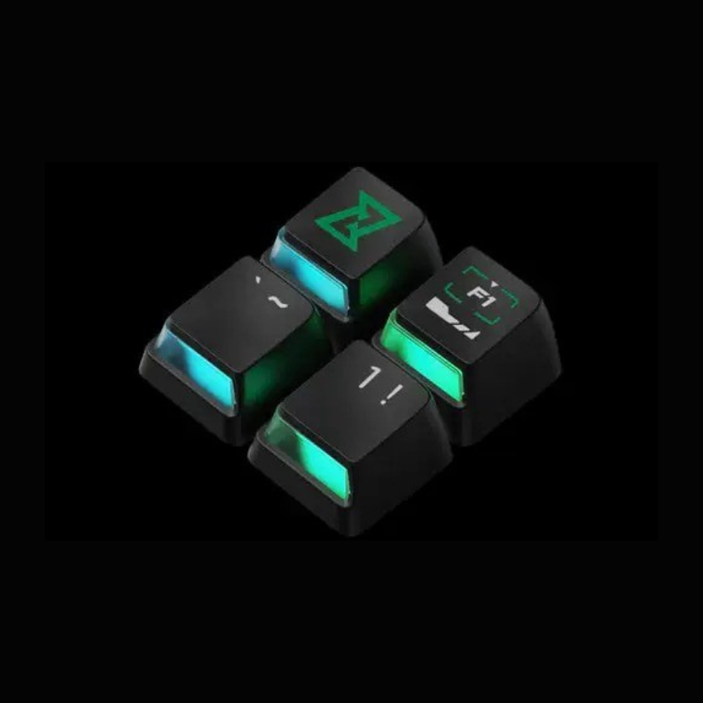 Cztery czarne klawisze do gier z świecącym turkusowym światłem i zielonymi symbolami.