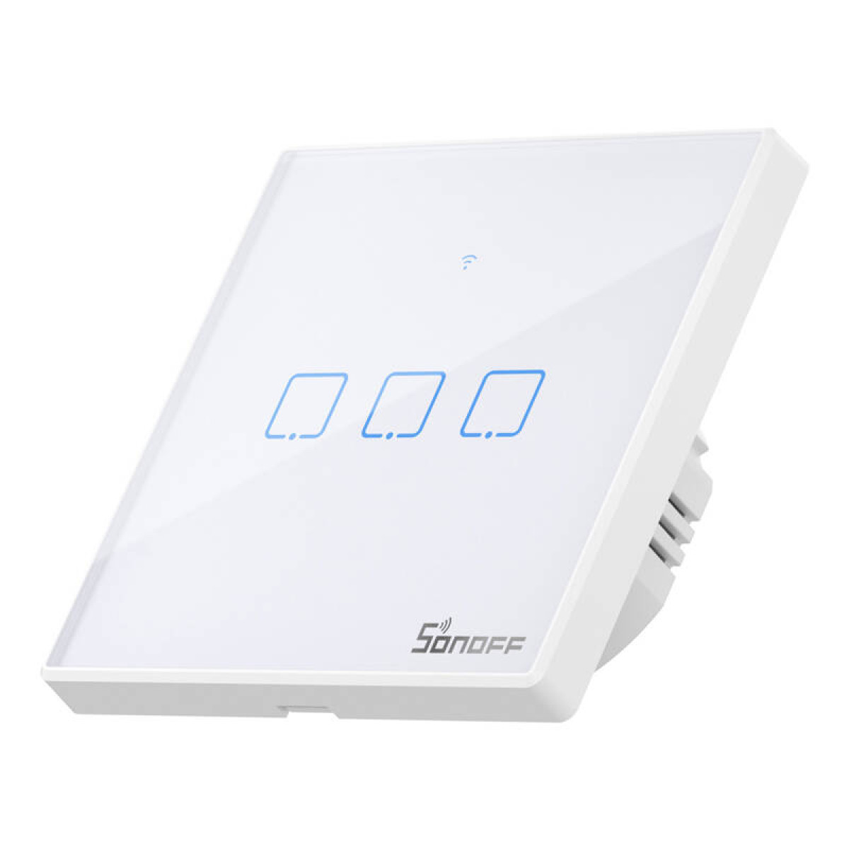 Biały inteligentny przełącznik z trzema niebieskimi ikonami i symbolem WiFi.