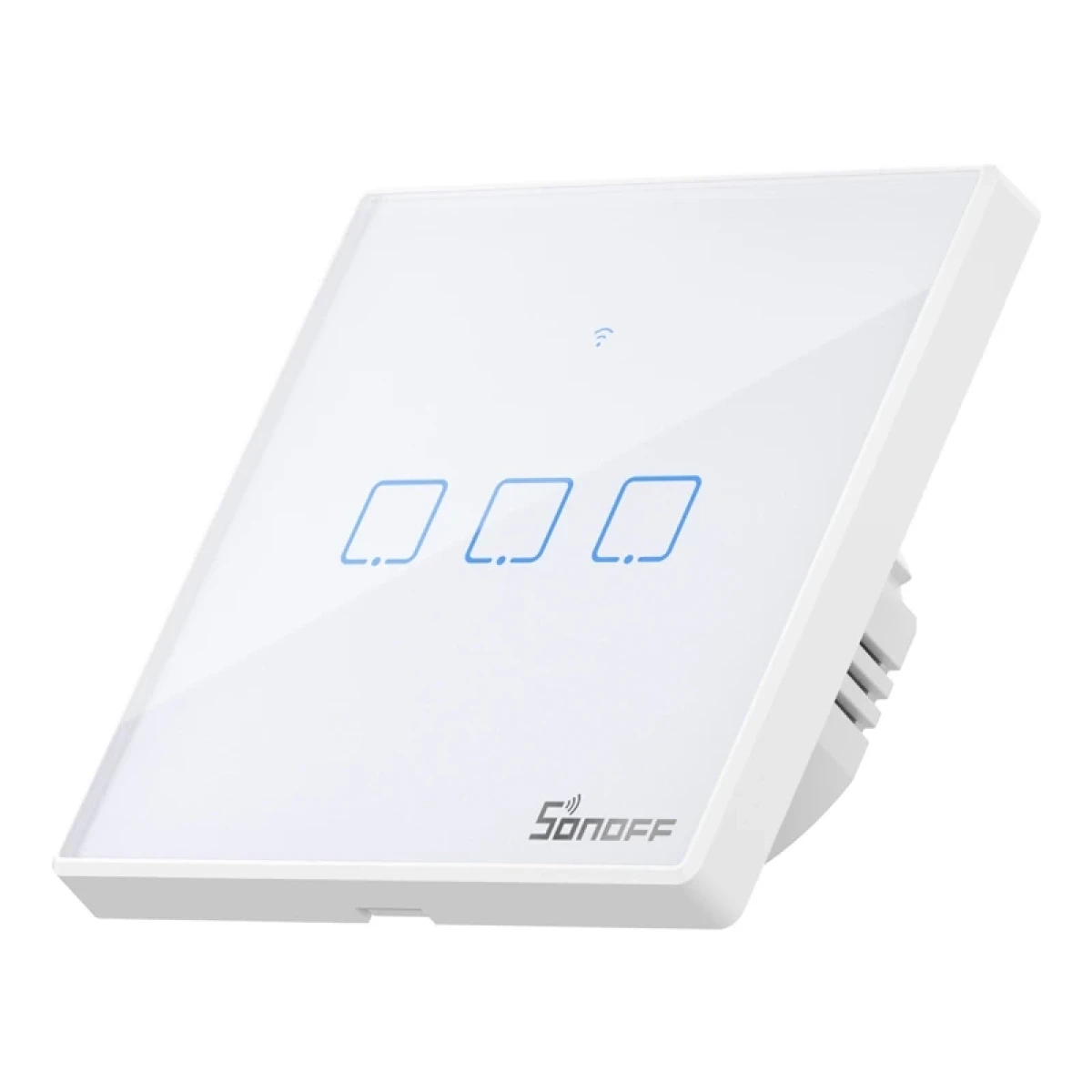 Biały inteligentny włącznik domowy z trzema niebieskimi ikonami i symbolem Wi-Fi.