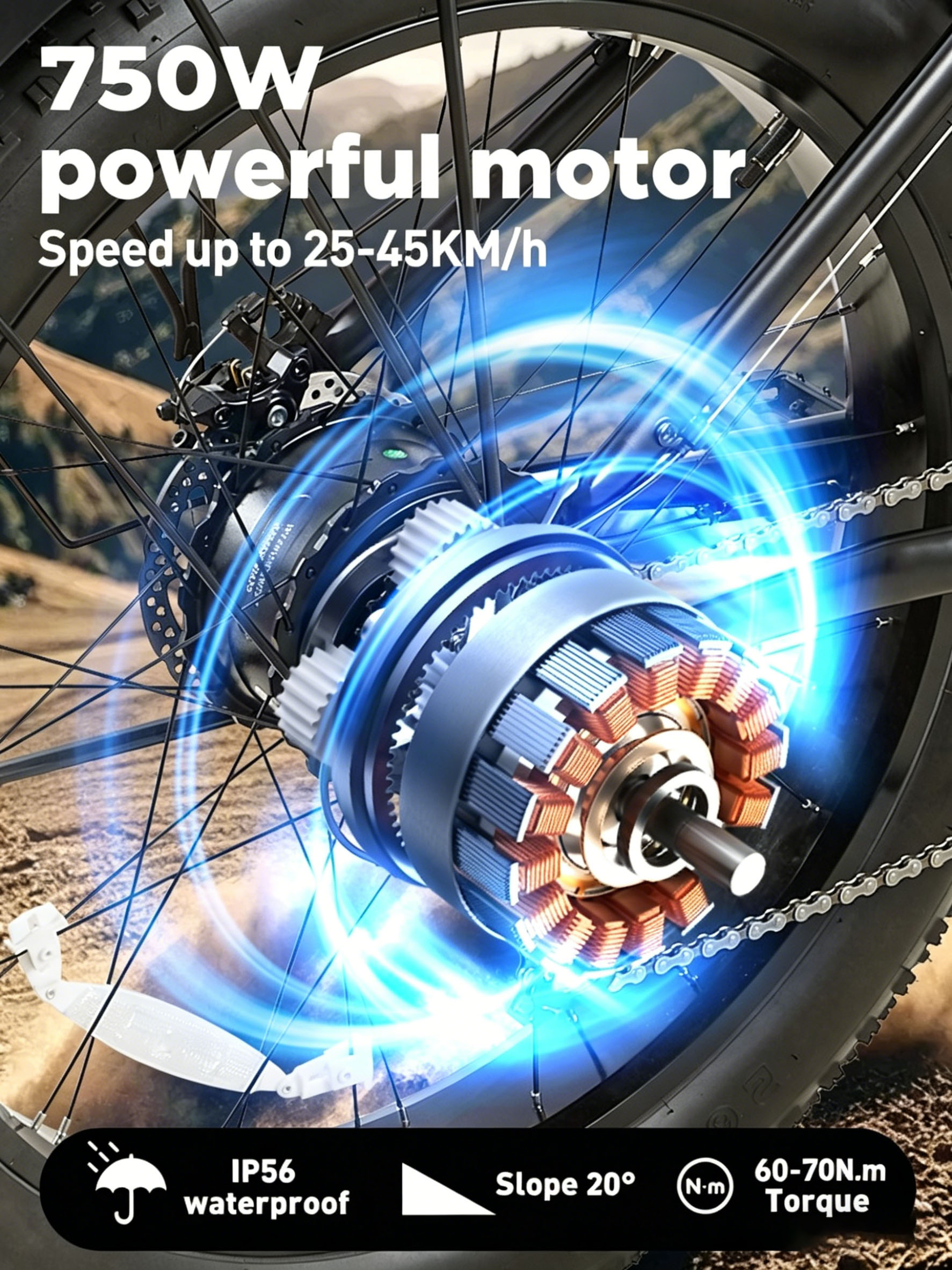 Primo piano del motore di una bici elettrica. Caratteristiche: 750W, 25-45 km/h, IP56 impermeabile, pendenza 20°, coppia 60-70 Nm.