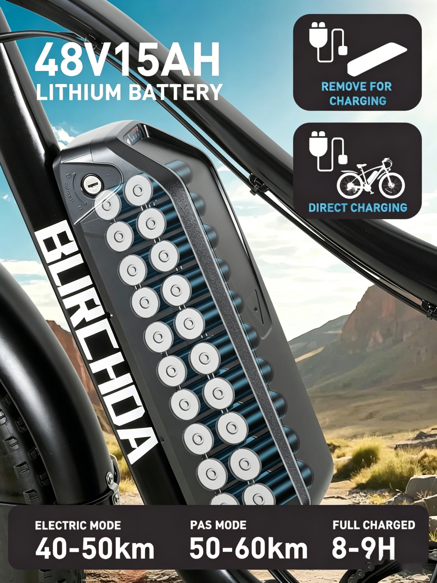 Batteria e-bike 48V 15AH con indicatore di carica, autonomia e tempo di ricarica.